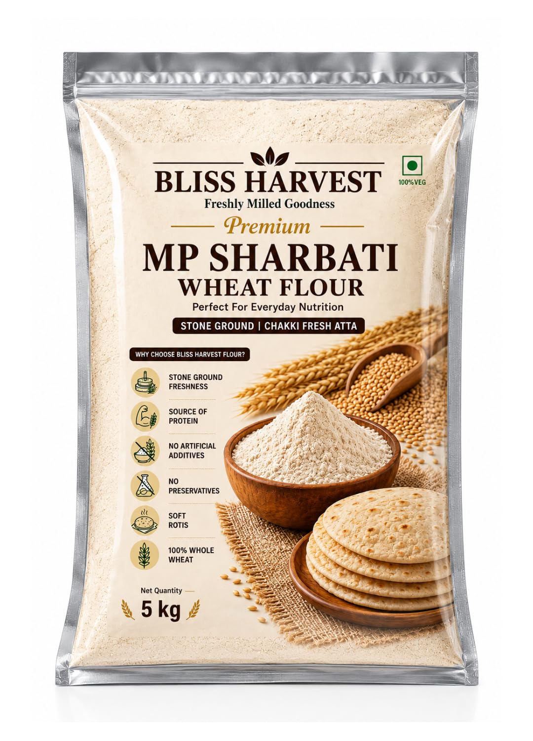 Bliss Harvest Sharbati Atta 5kg Packet | Family Milling Legacy Since 1970 | Premium Quality Stoneground Whole Wheat Flour Chakki Atta | 100% MP Sharbati Wheat Aata for Healthy Family Nutrition-image-10