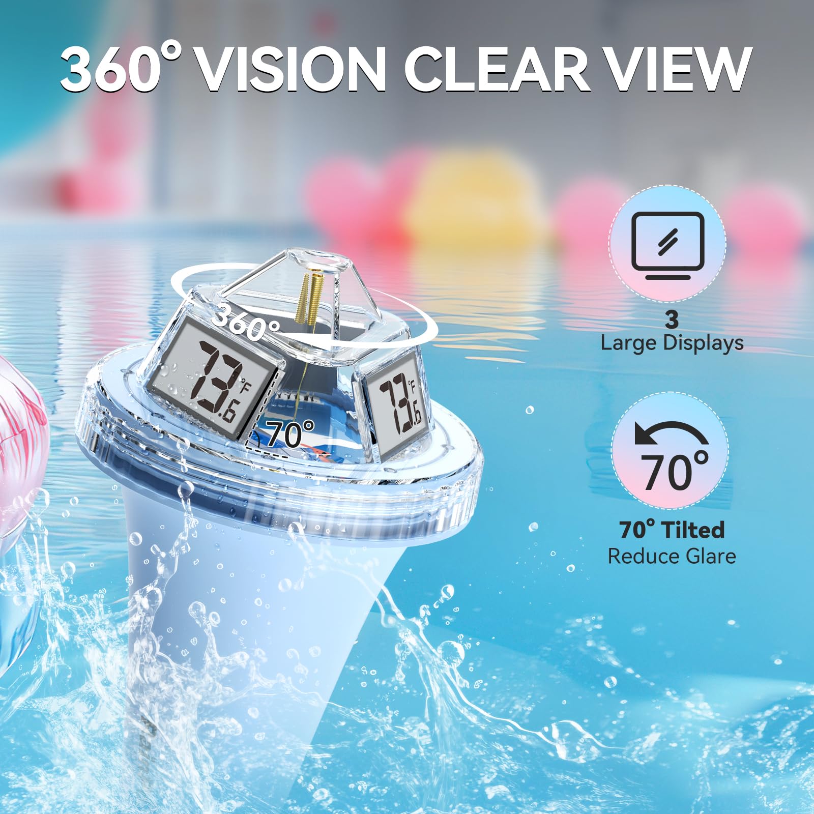 RAINPOINT Anti-Fog 360° Reading 3 Large Letters Displays Wireless Digital Pool Thermometer Floating,Dual-Layer IP68 Waterproofing Remote Temperature Monitor Easy Read Hot Tub SPA Inflatable Pool-Blue