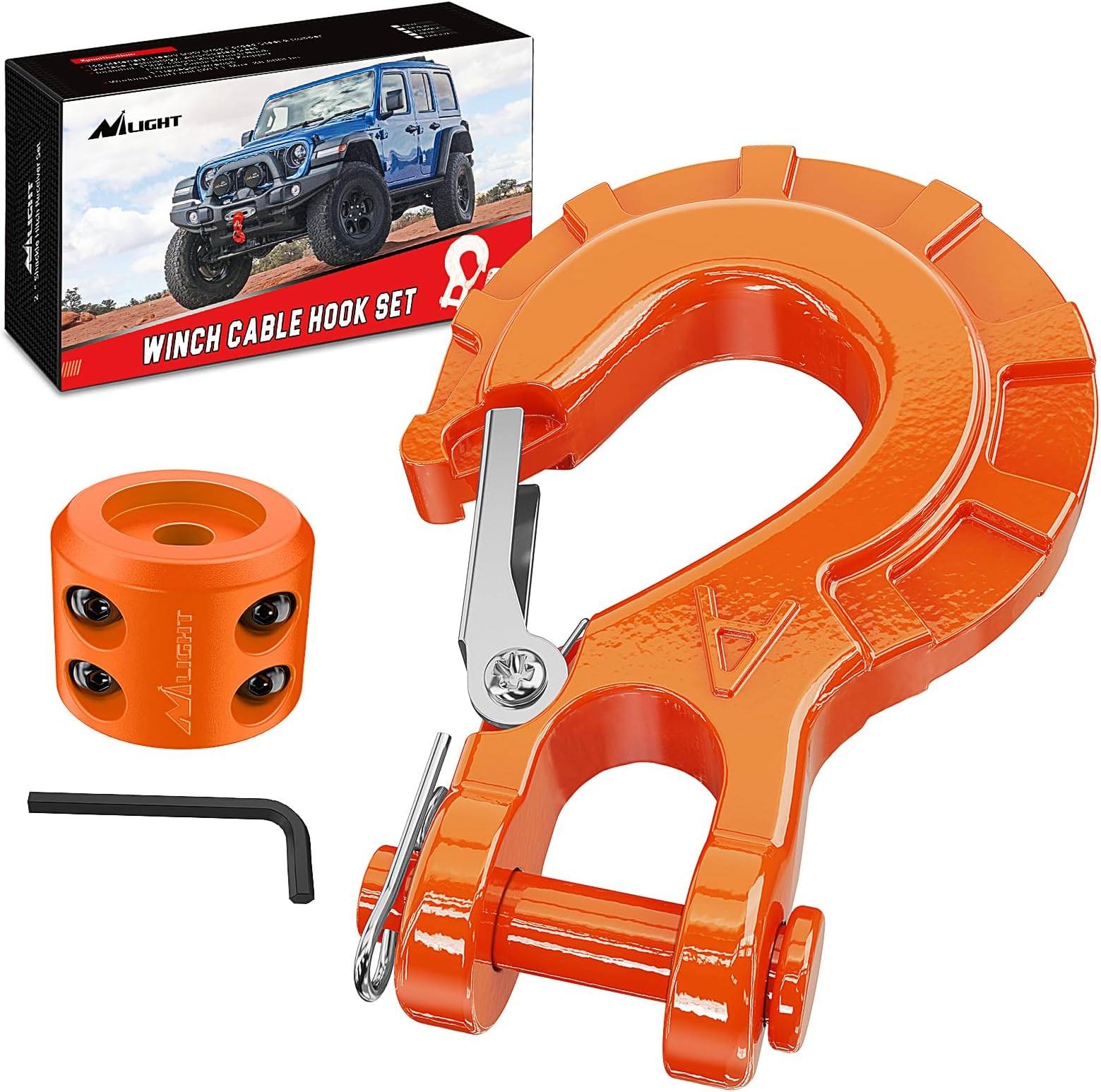 Nilight 3/8" Grade 70 Heavy-Duty Winch Hook with Cable Stopper – 35,000 LBS Drop-Forged Steel Clevis Hook for ATV, Jeep, Trailer Winch Recovery w/Spring Latch, Clevis Pin & Rubber Stopper, Orange