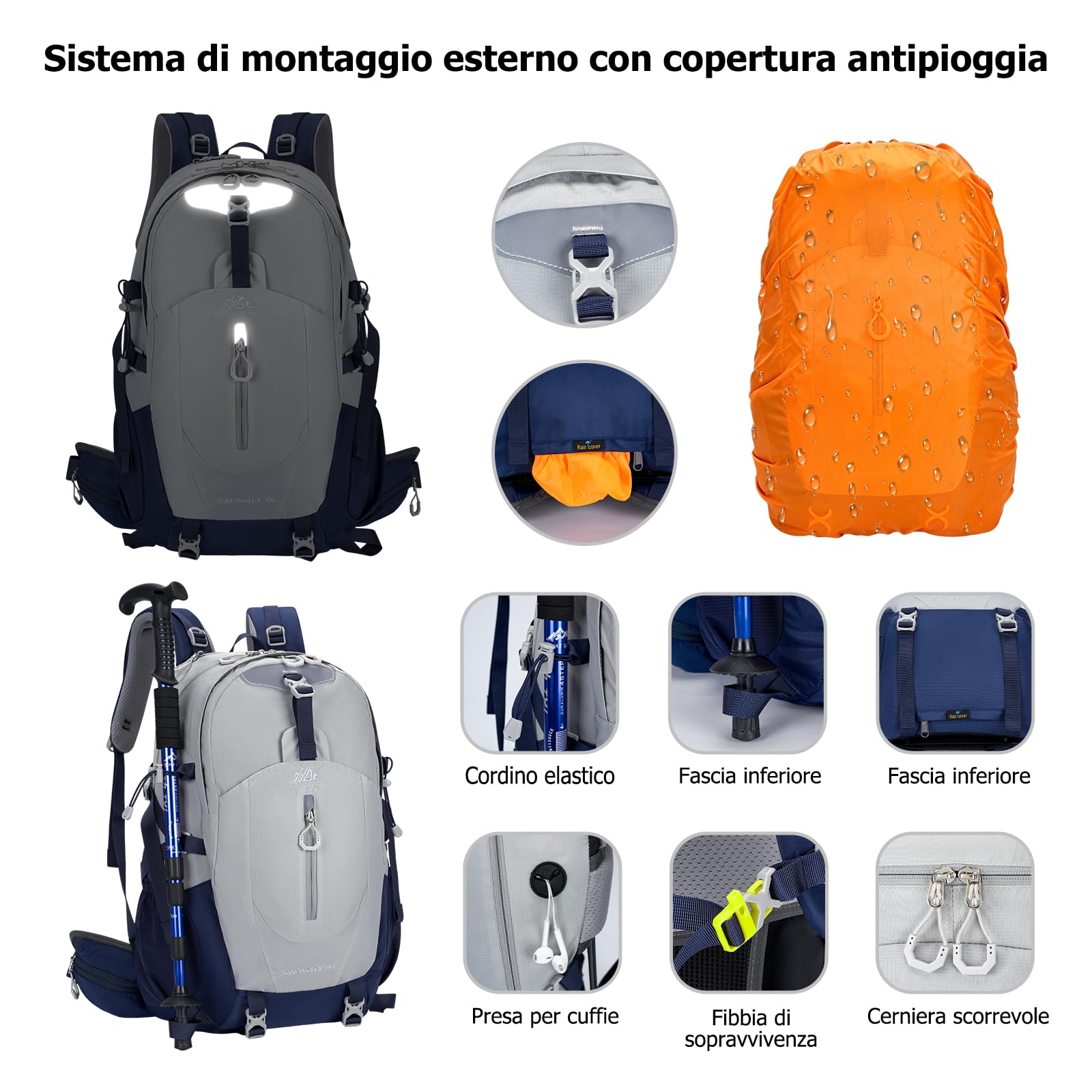 Zaino da Escursionismo 40L con Copertura Antipioggia Zaino Outdoor Ergonomico Traspirante Riflettente Backpack per Campeggio Viaggi Blu Marino