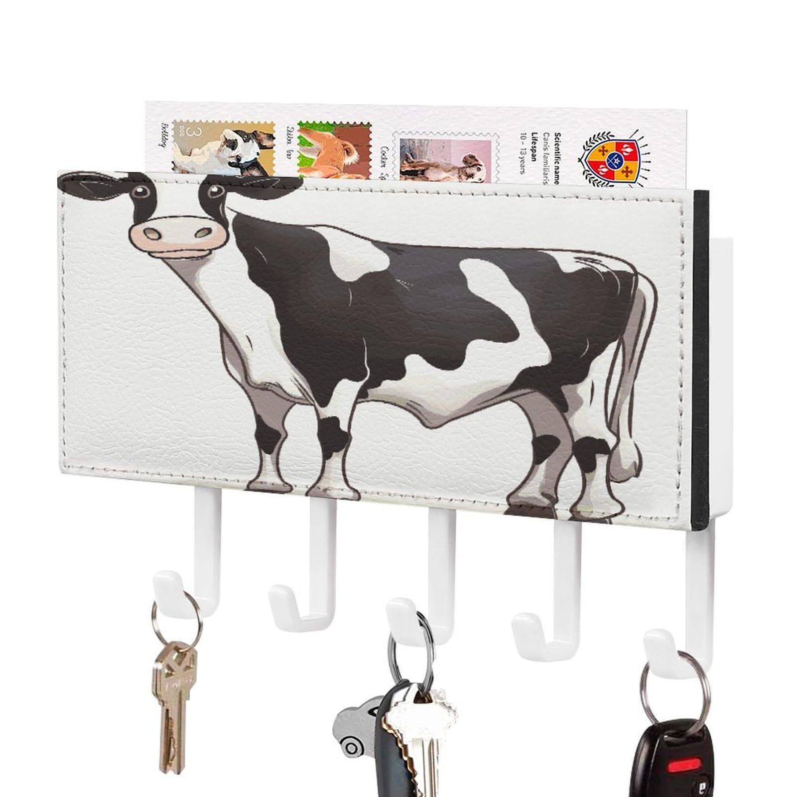 FekiLoot Dairy Cow Key Holder Wall Mount Key Hanger with 5 Hooks Decorative Key Rack Hanging Key Hooks with Mail Organizer Key Holder for Wall Living Room Kitchen Bathroom Hallway White