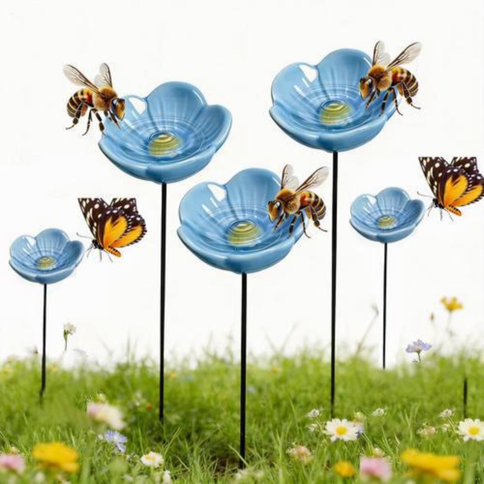 5 Pieces Bee Watering Station Flower Design, Garden Ceramic Bee Water Bowl, Butterfly Bath Bowl Drinking Feeder Cups,for Garden Yard Backyard Outdoor Home Patio Porch Deck Balcony