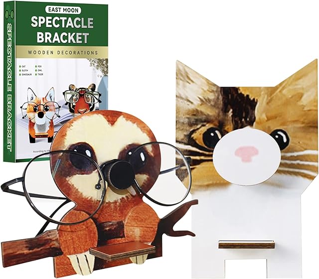 NA TAIZER 2PCS Wooden Glasses Holder Eyeglasses Stand Funny Glasses Holder Wooden Hand Carved Glasses Stand Animal Shape Pets Spectacle Holder Sunglasses Display Rack Gifts Home Office Desk Decor