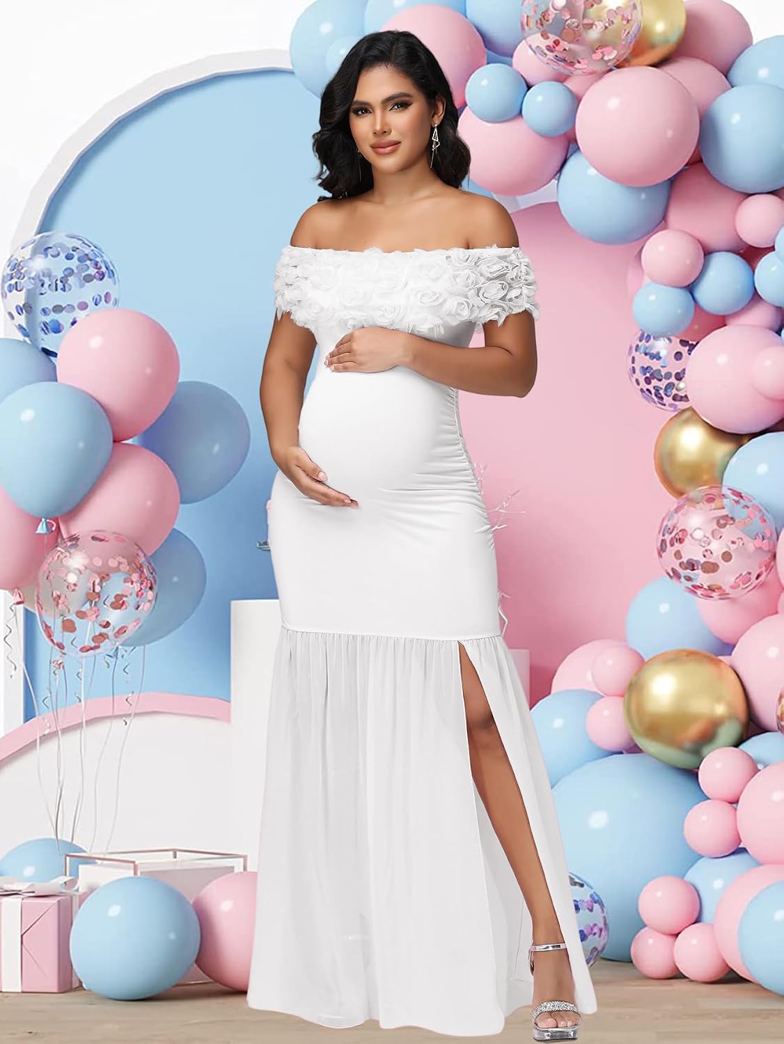Maternity Floral Off Shoulder Maxi Baby Shower Dress for Photoshoot Chiffon Paneled Rouched Split Party Long Gown