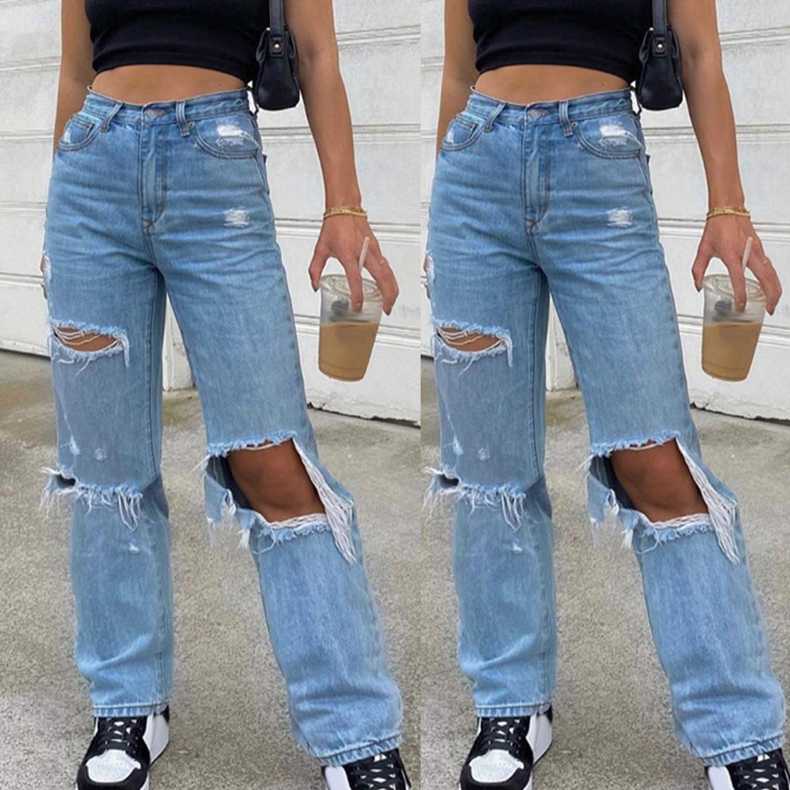 Pantalones vaqueros para mujer, cintura alta, con agujeros rectos, para adolescentes, niñas, boyfriend destruidos, informales, elásticos, elegantes, pantalones desgarrados, pantalones holgados Y2k,