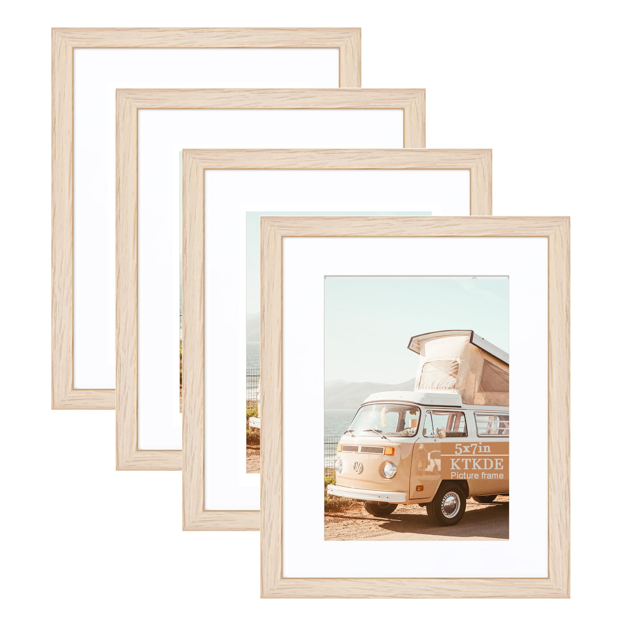 KTKDE 5x7 Picture Frame with Mat for 4x6, Natural Wood Picture Frames Set of 4 Packs, Wood Frame High Definition Glass Frame, MDF Wood Frame Tabletop and Wall Mounting Horizontal or Vertical Display