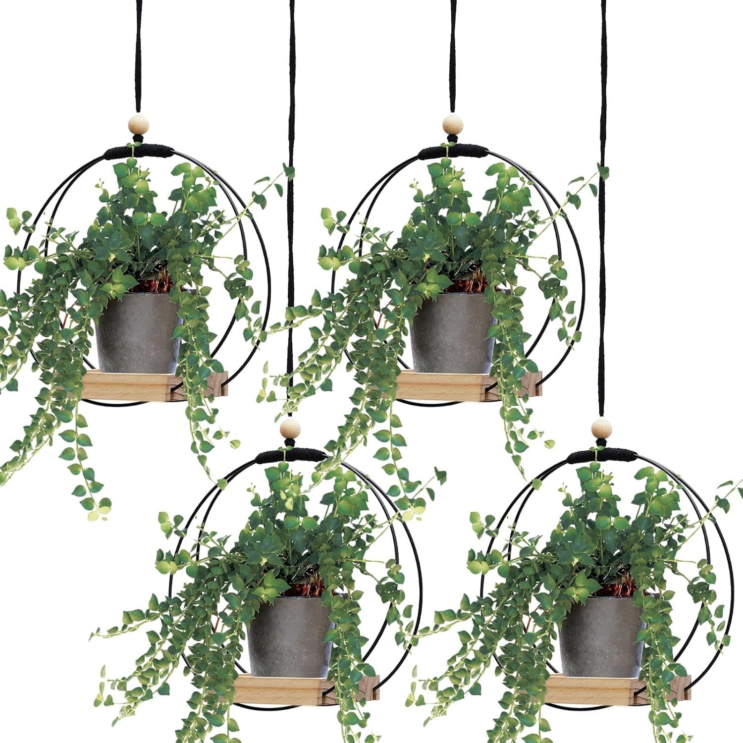 PARAH 4 Pack Plant Hanger with Wood Base Hanging Window Planter Boho | Black Macrame Hanging Plant Holders for Indoor Outdoor Window Wall Ceiling Home Decoration