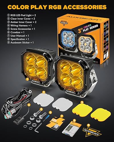 Miniatura 8 de Auxbeam Color Play Series - Cápsulas LED de 3 pulgadas, 7 colores RGB, luces de zanja todoterreno con cubiertas blancasámbar de 116 W, barra de luz