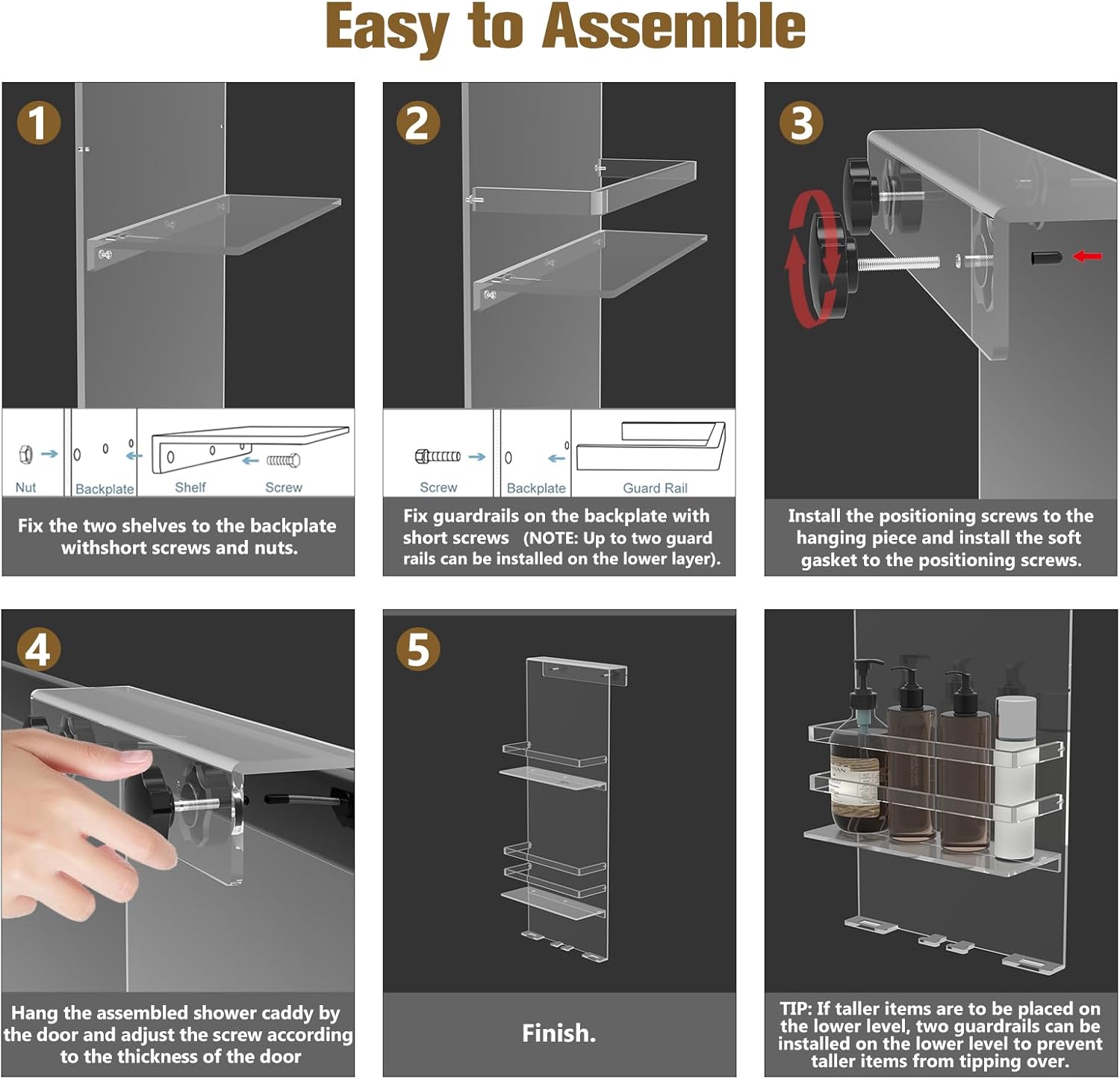 Nynelly Over The Door Shower Caddy, Acrylic Shower Caddy Shelf with Hooks, No Drilling Adjustable Hanging Shower Organizer for Bathroom Storage, Body Wash Shampoo Holder