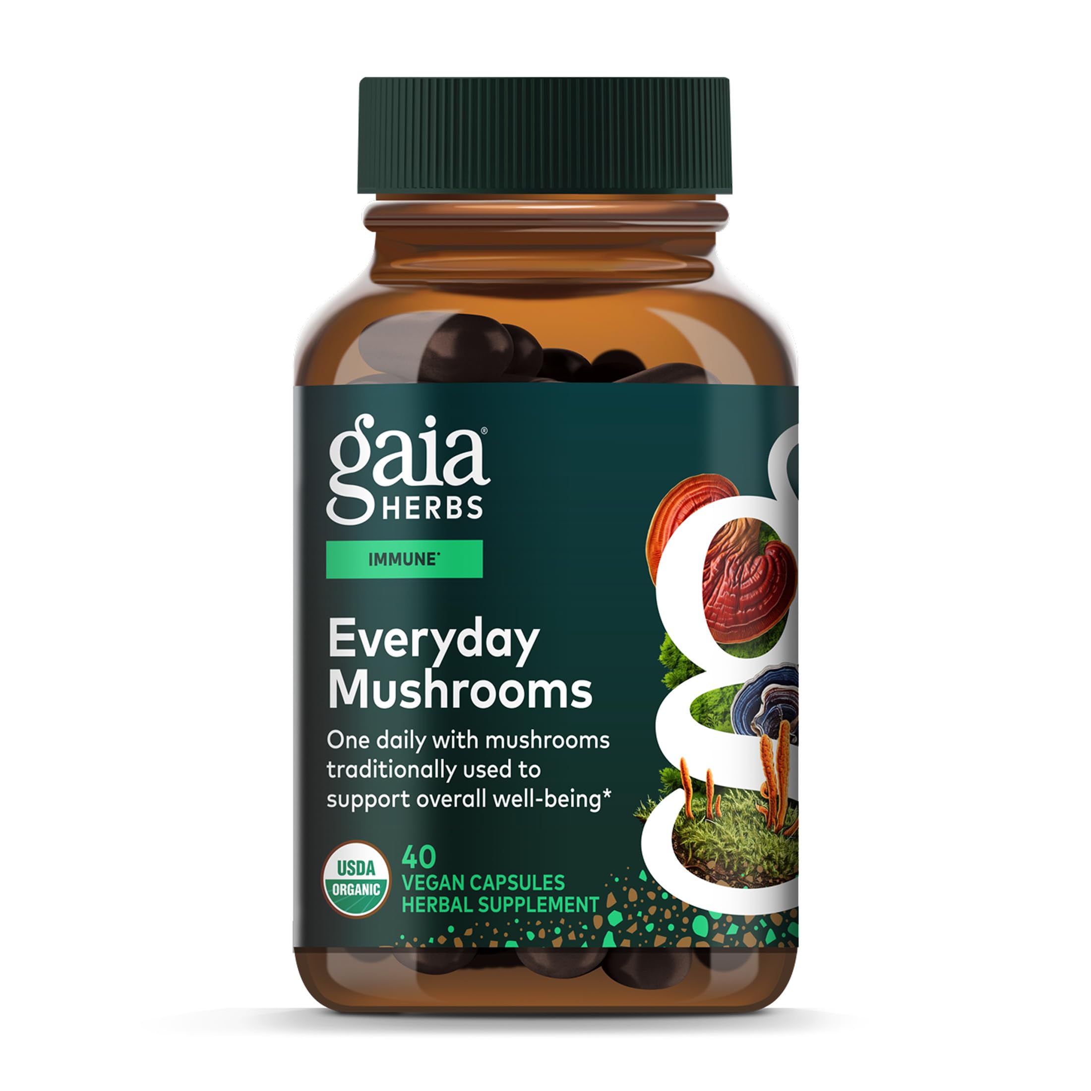 Gaia Herbs Immune Mushroom Blend - Immune Support Mushroom Supplement for Year-Round Health* - with Reishi, Cordyceps, Turkey Tail, Shiitake, and Chaga Mushrooms - 40 Vegan Capsules (40-Day Supply)