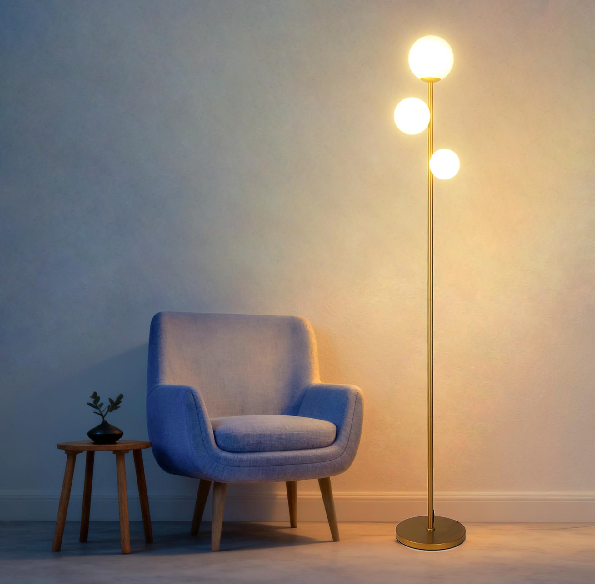 Fiqevs 3 Globe Mid Century Modern Floor Lamp for Living Room, Gold Floor Lamp with Frosted Glass Shade and LED Bulbs, Warm Light Standing Tall Pole Lamp for Bedrooms, Office - Antique Brass