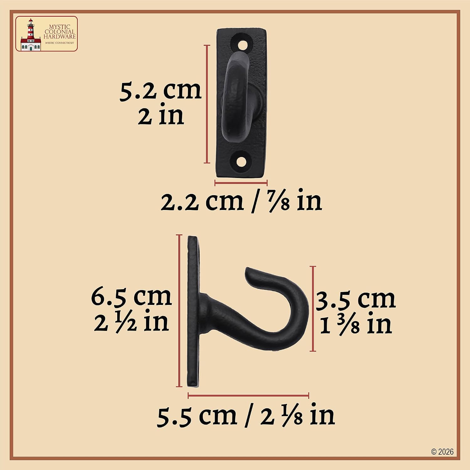 Mystic Colonial Rustic Cast Iron Wall Hooks Set of 2 - Heavy Duty Black Farmhouse Utility Hooks for Leashes, Ropes, Backpacks, Mugs & Curtains