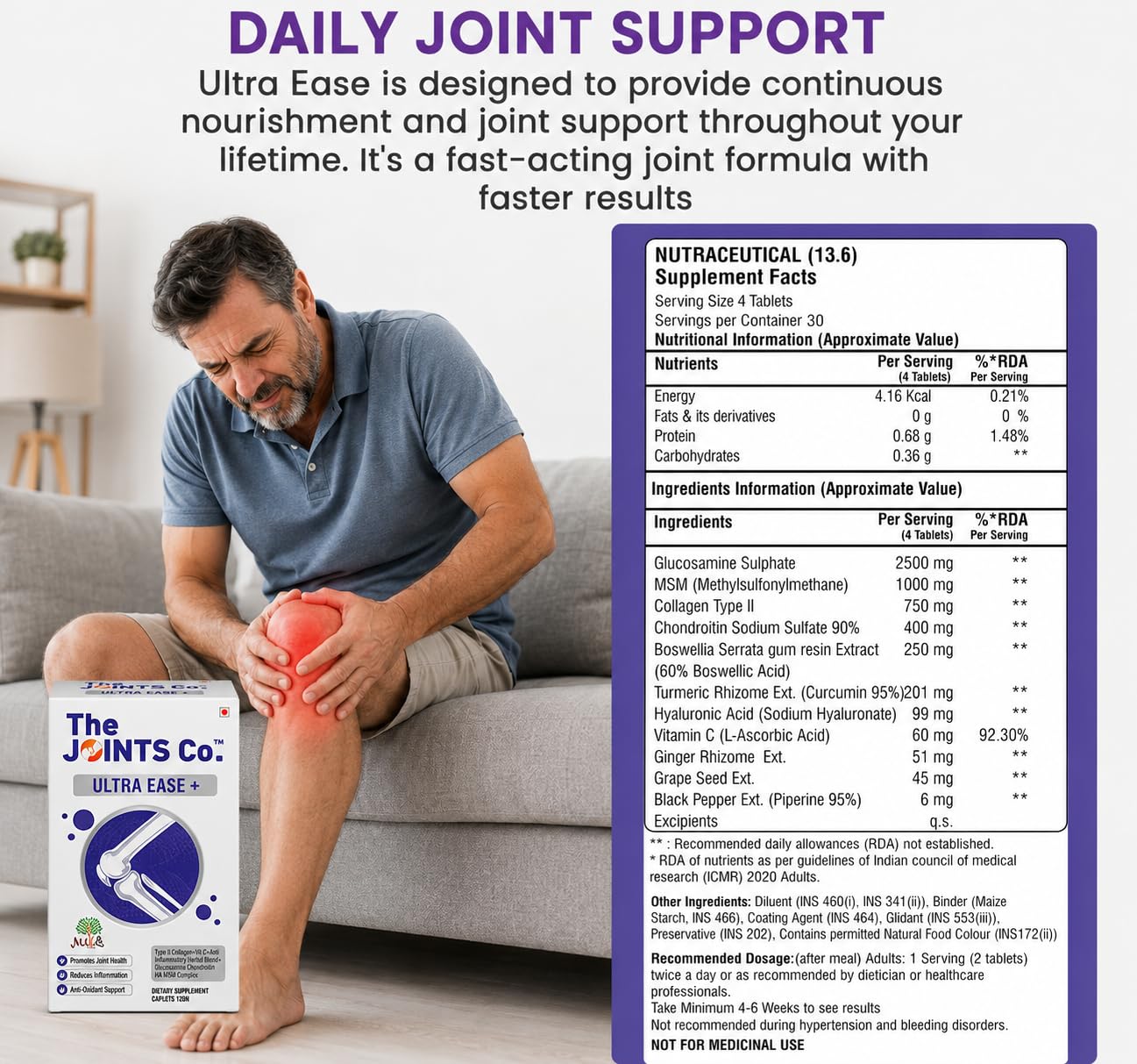 The Joints Co Ultra Ease Plus Joint Support Tablets | Type II Collagen, 2500 mg Glucosamine Chondroitin MSM & HA Complex for Joint, Cartilage & Bone Health - 120 Tablets — Amazon image 7