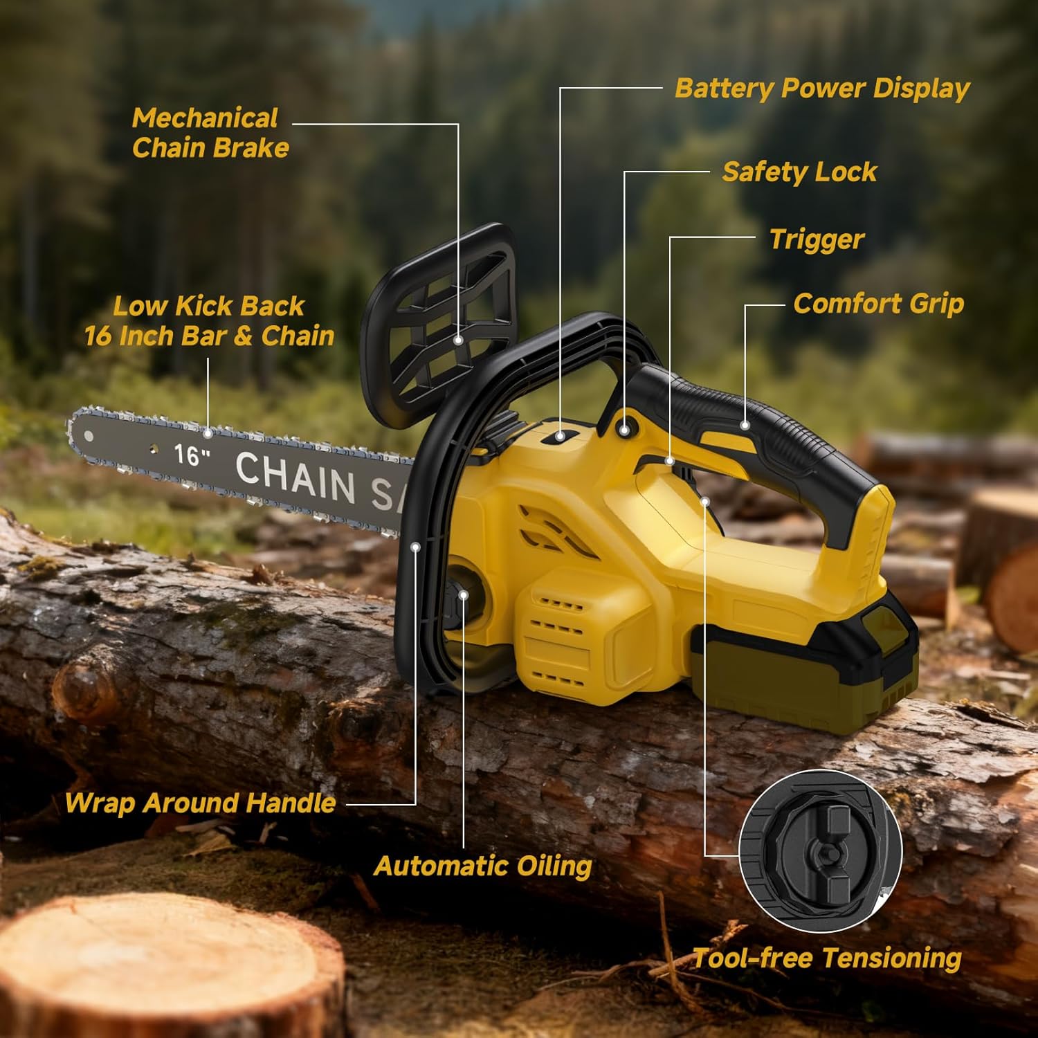 16-Inch Brushless Electric Chainsaw, Cordless Battery Powered Chain Saw Compatible with Dewalt 20V Battery with LCD Display, Auto Oiler, for Wood/Tree Cutting Pruning, Tool Only (Battery Not Included)