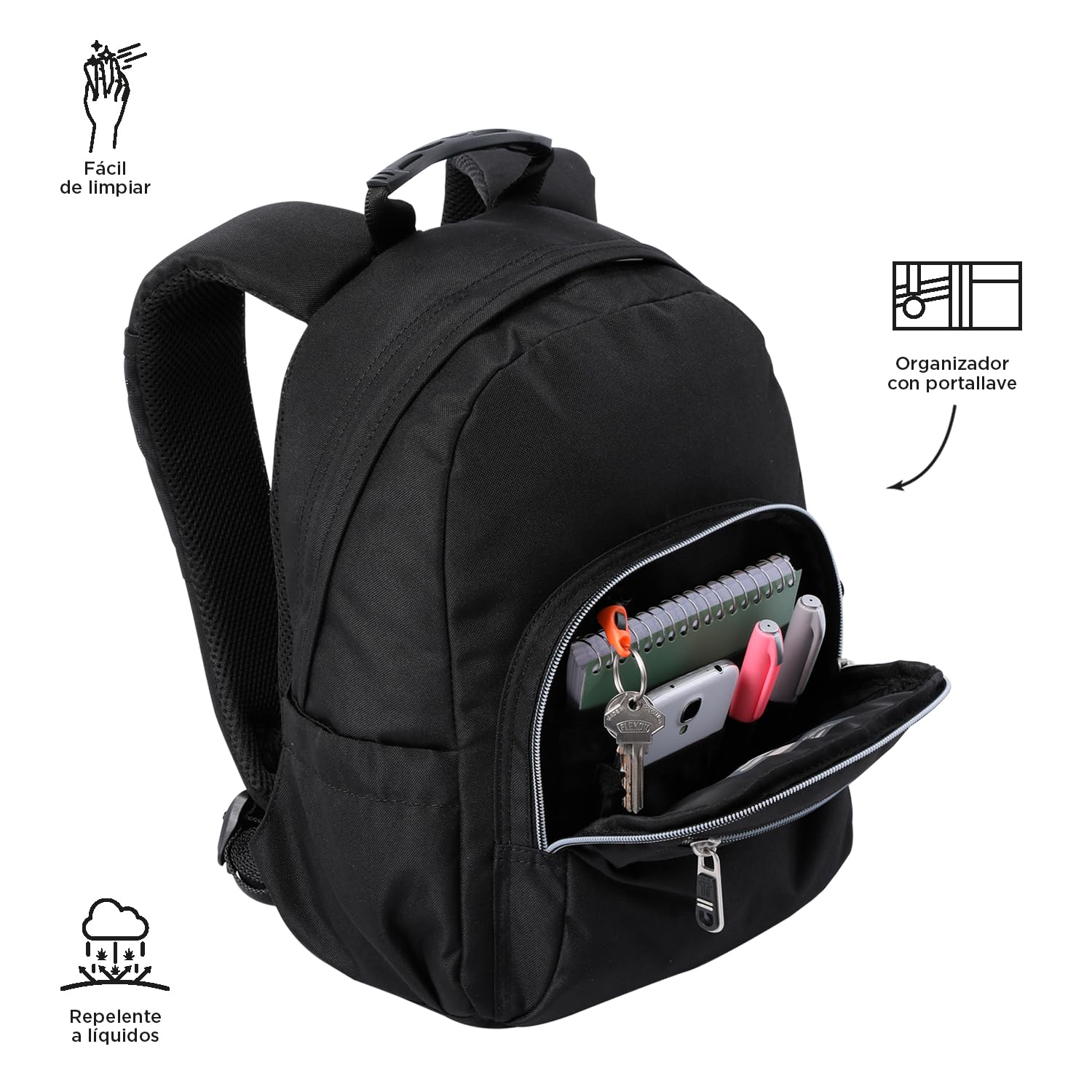 TOTTO - Mochila Escolar, Modelo Tempera, Capacidad 12 L, 3 Bolsillos, Bolsillo Tablet 10", Bolsillo Botella, Espaldar Ergonómico con Flujo de Aire, Cómodas Correas en S, Color Negro