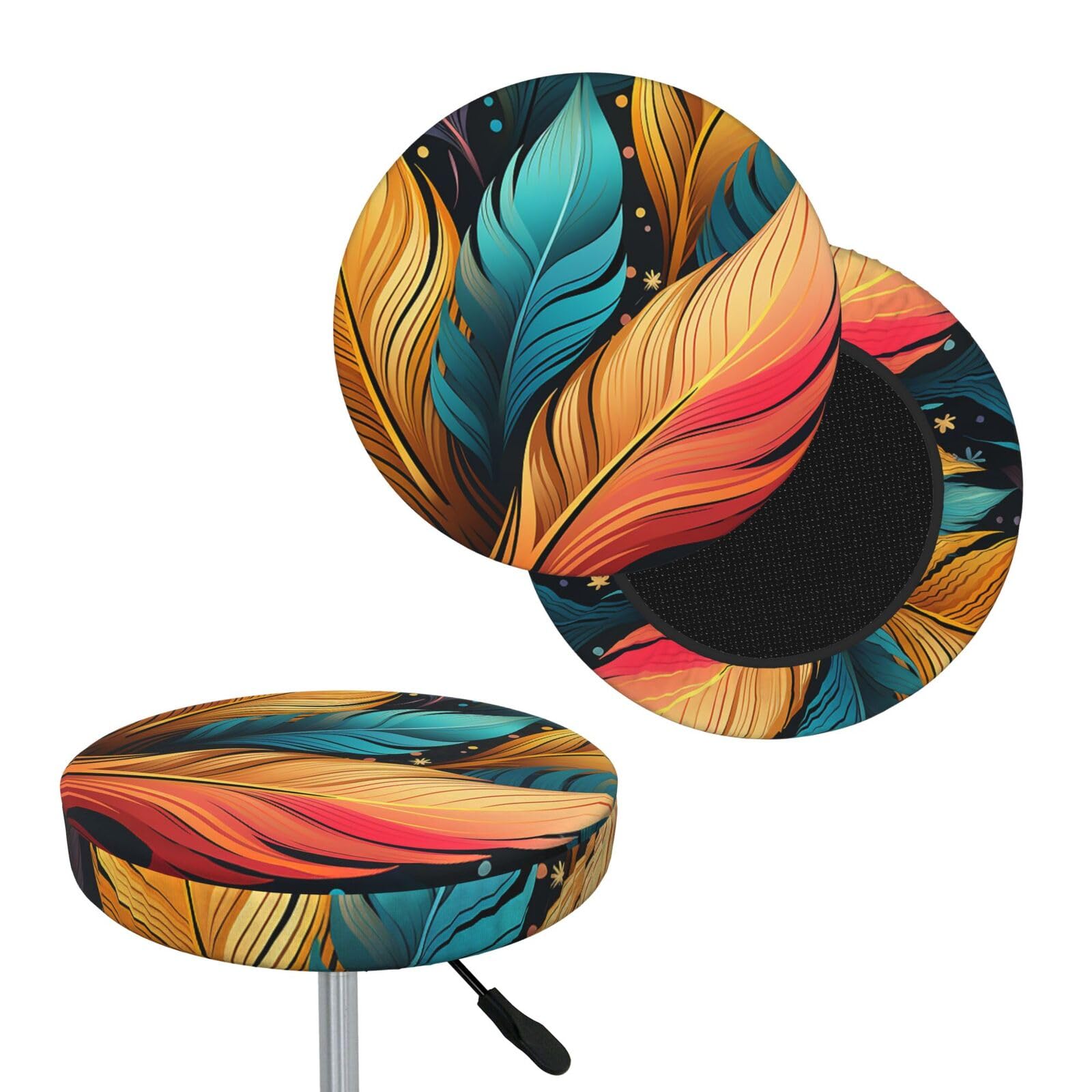 NONHAI Colorful Feathers Bar Stool Cover Round Elastic Stool Cushion Covers Dustproof Bar Chair Cover Washable Stool Cushion Slipcover Stretch Stool Seat Covers for 12-14 Inch Chair