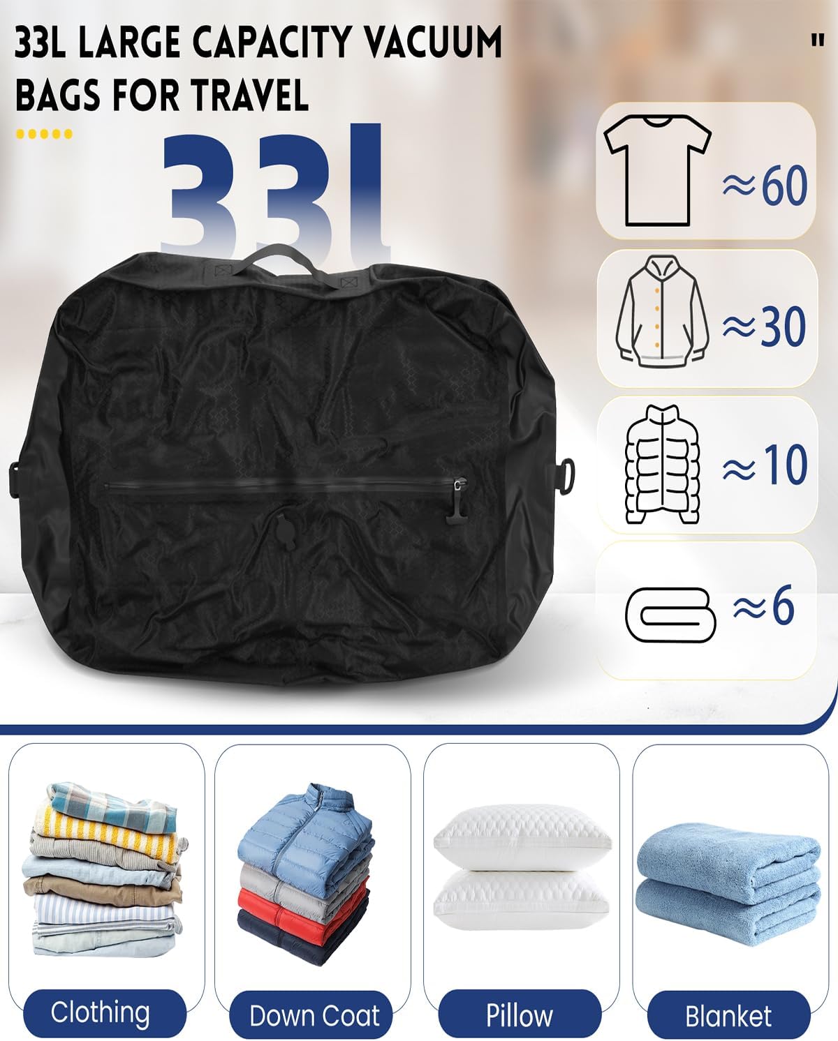 33L Reusable Travel Vacuum Bags with Rechargeable Pump, 2-Pack IP67 Waterproof Compression Bags, Durable 420D Nylon Space Saver for Luggage Suitcase Backpack, Fits 20/26/28in - Image 6