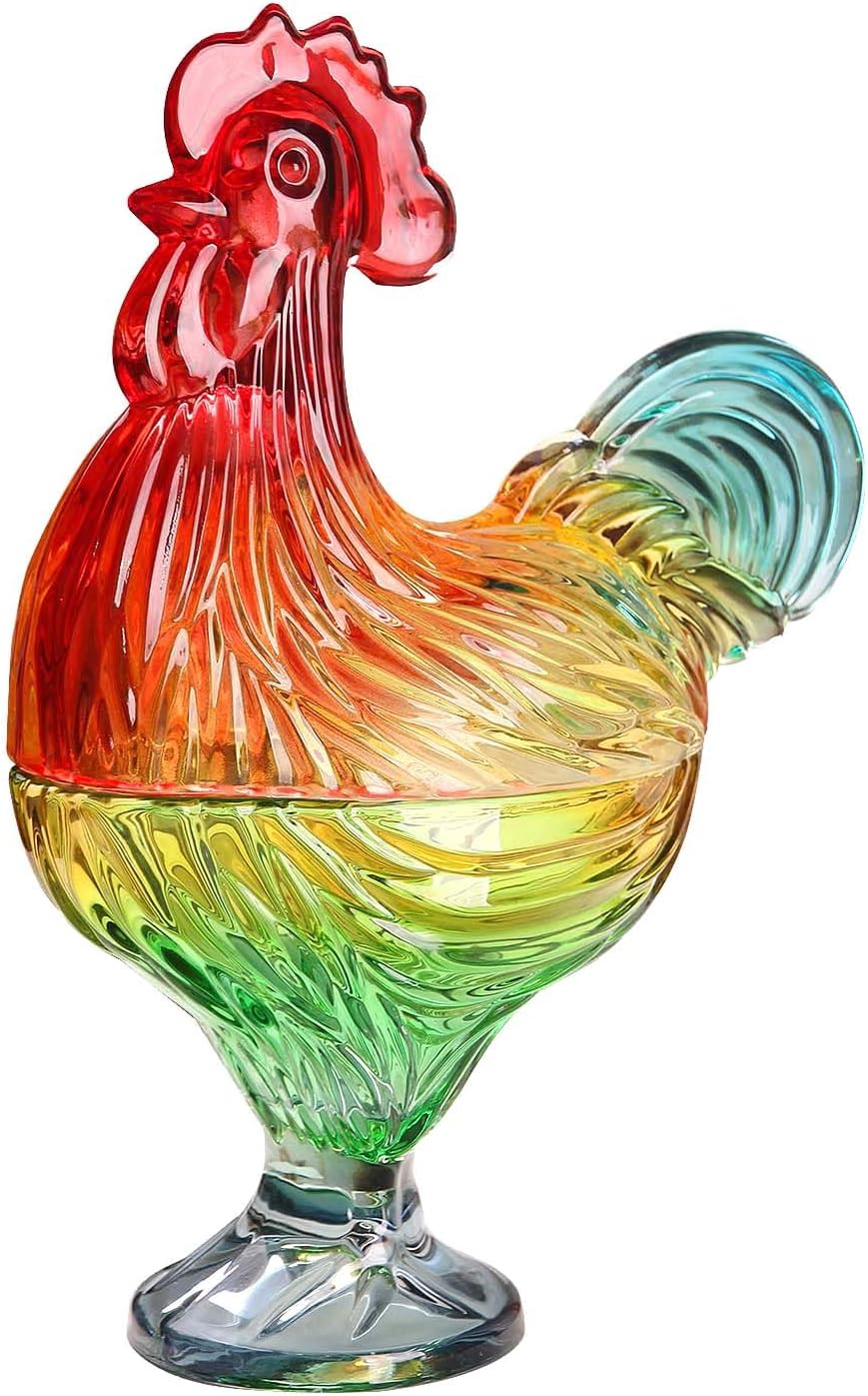 Rooster Crystal Glass Candy Dish,Vintage Style Candy Bowl with Lid,Muti-Color Tabletop Dessert Plate Snack Bowl Festival Decor