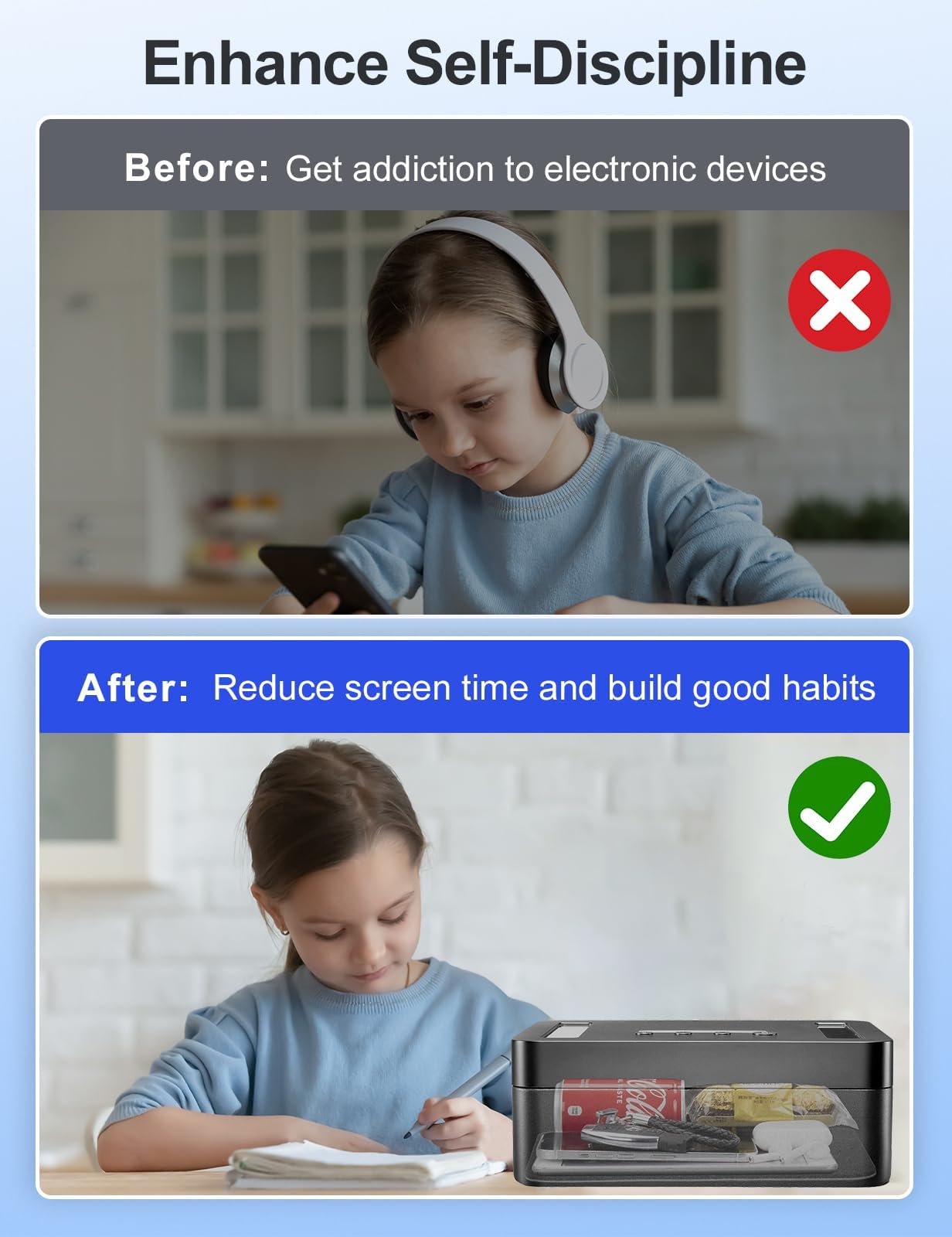 Caja Metálica con Temporizador y USB-C, Tamaño Pequeño | Bloqueo programable hasta 365 días, puerto USB-C, aviso sonoro y función de seguridad infantil.