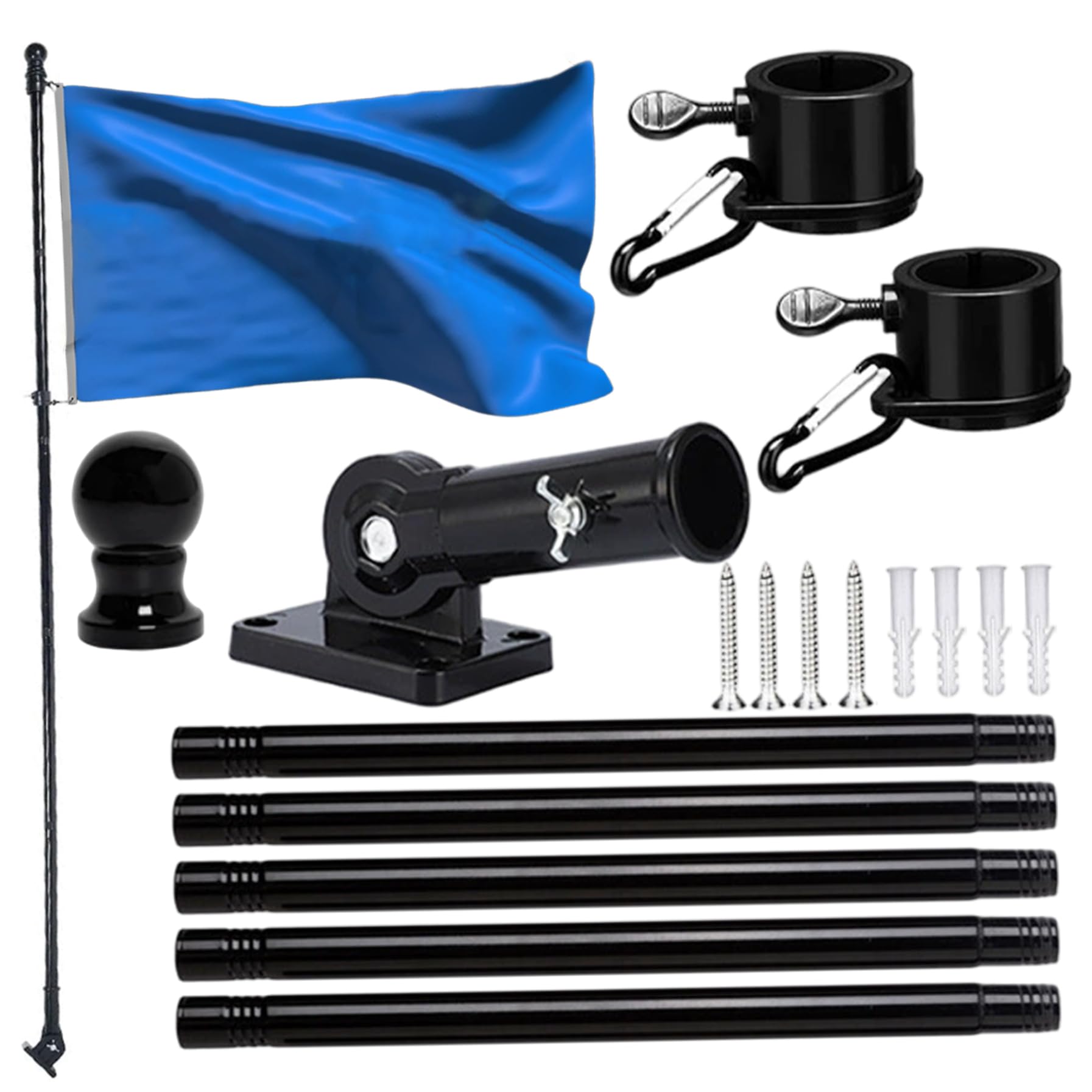 Kit de mástil de bandera montado en la pared de 6 pies, anillo giratorio sin enredos de 360°, soporte ajustable, soporte de metal para todo tipo de clima, para casa, jardín, porche, banderas al