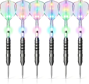 Lighted Metal Tip Darts Set, LED Steel Tip Darts, Professional Light-Up Darts for Dartboard, 22 Gram Nonslip Iron Barrels, Pack of 6