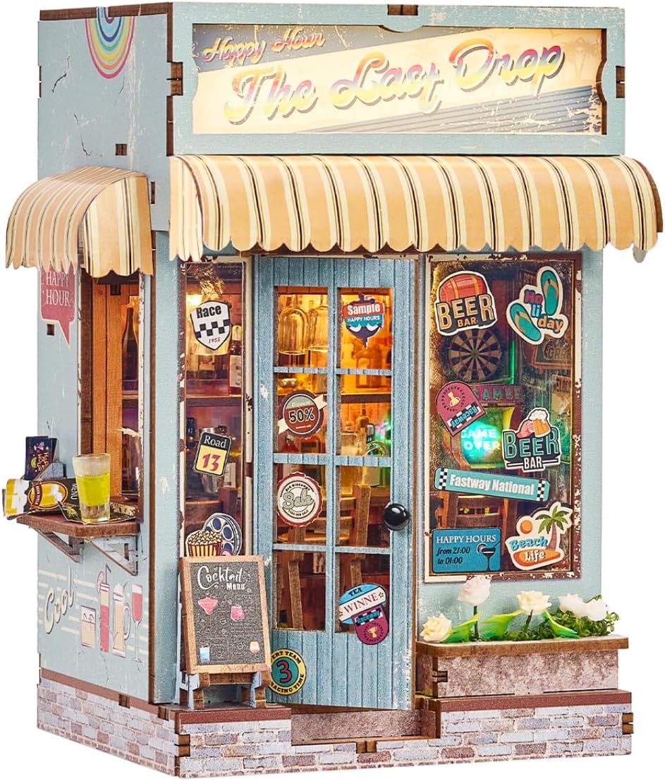 DIY Beer Bar Book Nook Kit with Pet Dog&LED Lights, 3D Wooden Miniature House Kit,DIY Dollhouse, Handcraft Mini House Building kit,Home Bookshelf Decor, Christmas Birthday Gifts for Family, Friends