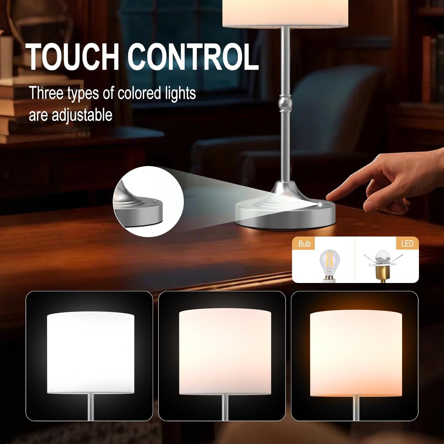 Cordless LED Table Lamp,Portables Fabric Shade Desk Lamps, Rechargeable Battery Powered Lighting, Dimmable Light for Dining Room, Bedroom, Bedside, Night Light, Balcony (Silver)
