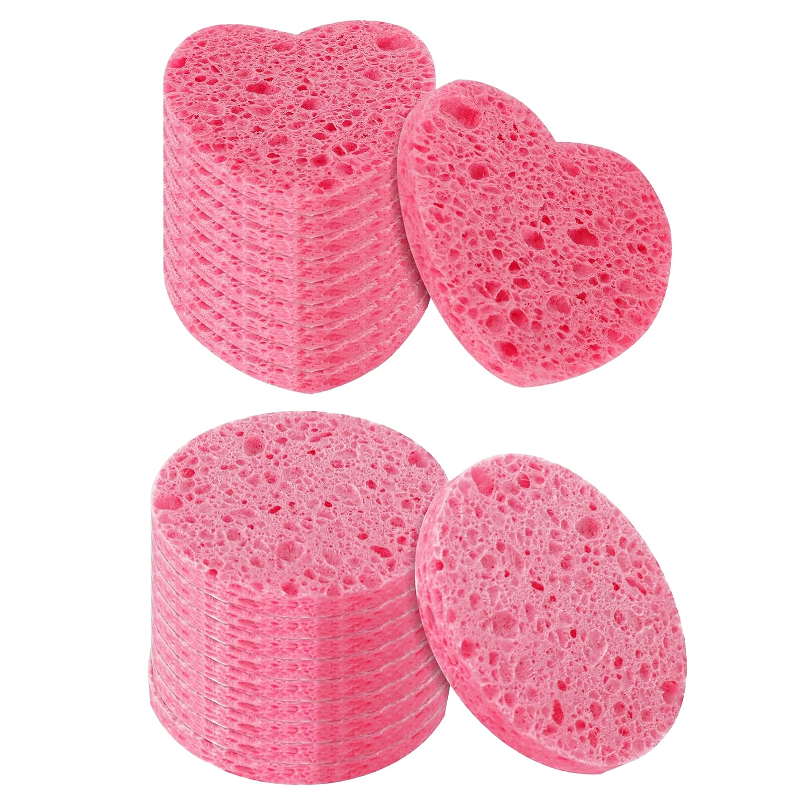 FEXPDL Compressed Facial Sponges 20 Count Face Sponge Skincare Accessories, Round & Heart Sponges Pink Skincare, Reusable Washing for Facial Cleansing, Exfoliating Mask, Makeup Removal (Pink)