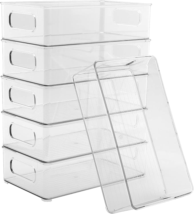 HAKZEON Set of 6 Clear Fridge Storage Containers, Fridge Organisers Bins, Stackable Refrigerator