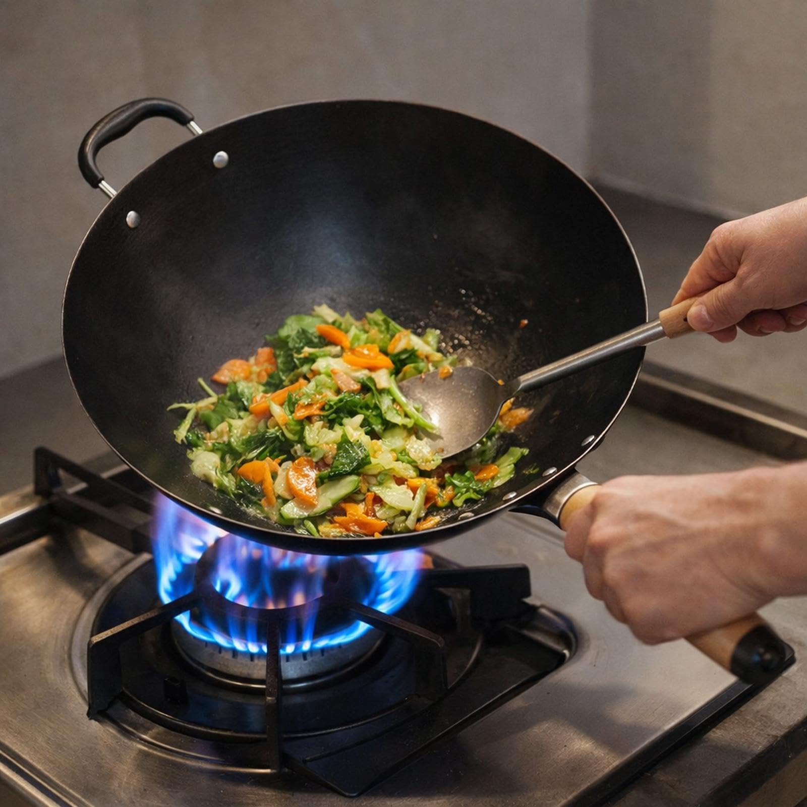 Wok Pan Pentola Wok per Cucinare Padella Antiaderente Ferro Artigianale Manico Ergonomico Adatto per Cucina Barbecue Regalo, 34cm