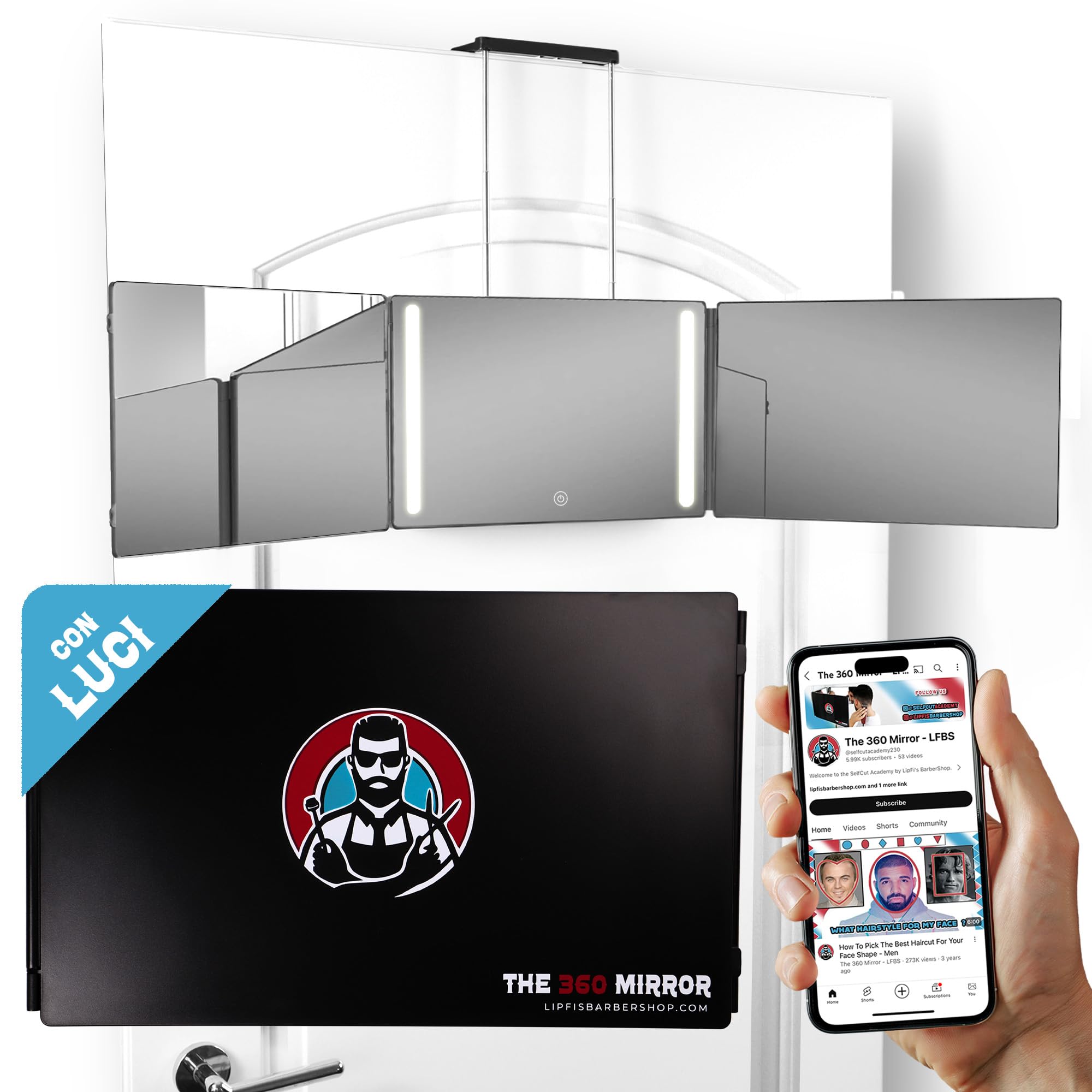 Specchio Da Taglio A 360 Gradi - Altezza Regolabile Con Ganci - Specchio Pieghevole A 3 Lati - Spechio Da Barbiere - Specchi Da Parrucchiere Per Uomo - Specchioo Trittico Da Barbiere (I Con Led I)-image