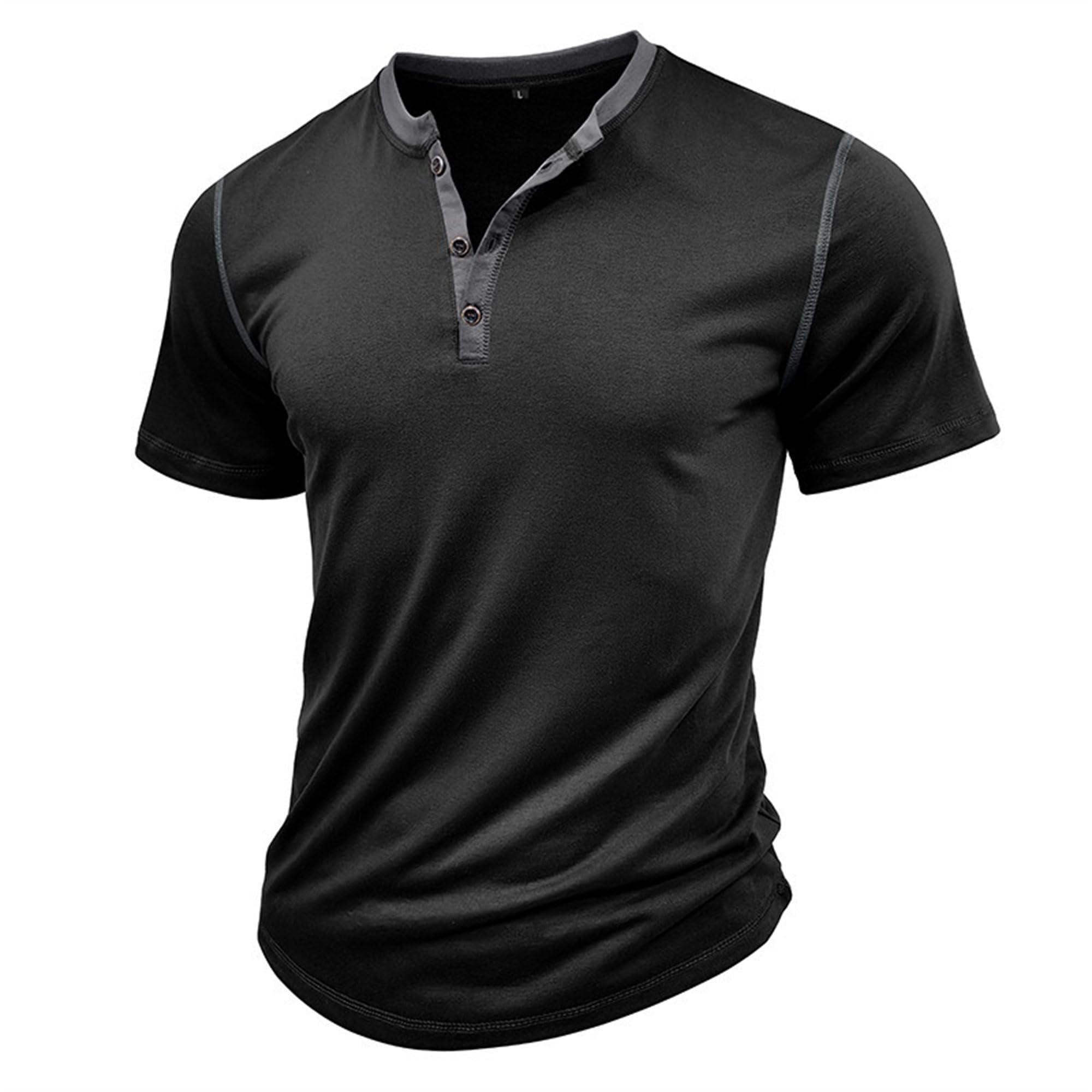 Men Round Neck Short Sleeve Henry Shirt Quarter Button Casual Sport Shirts Summer Exercise Training Pullover Tops (Black,3X-Large)