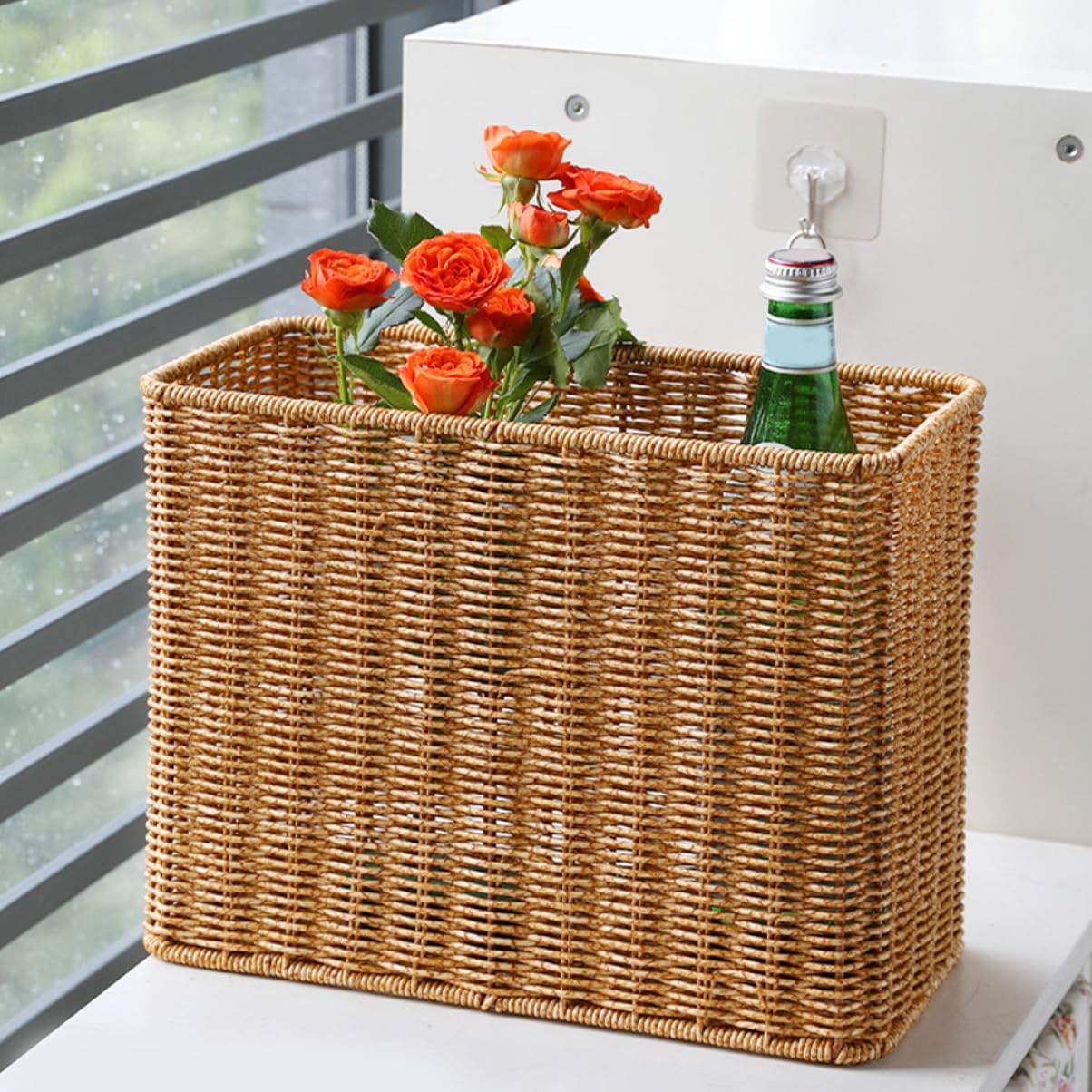 Cesta de Ratán Sintético Alta y Estrecha de Plástico para Almacenamiento | Color Caqui, Almacenamiento de Escritorio, Resistencia a Roturas, Diseño Rústico y Sencillo