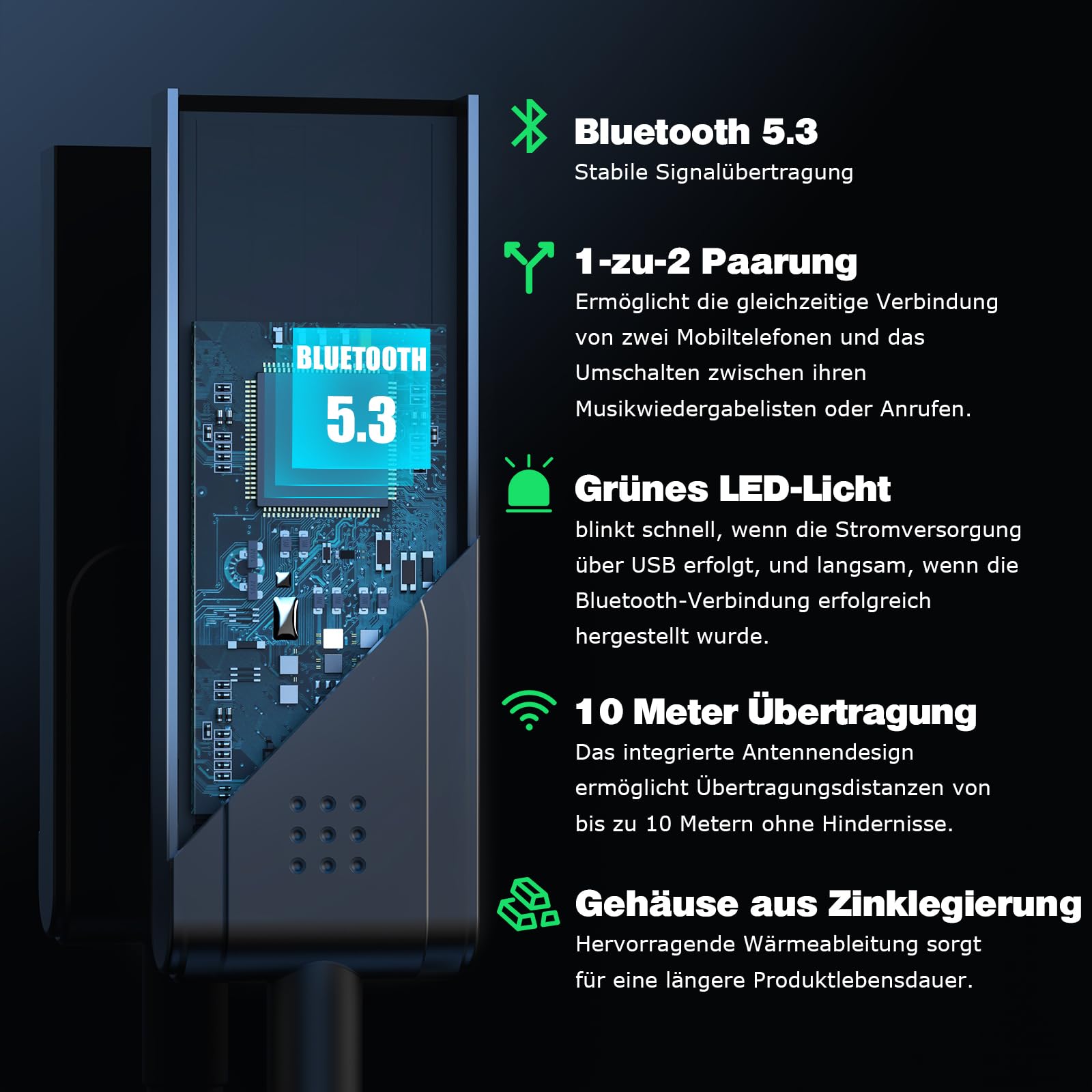 Bluetooth 5.3 Aux Adapter für Auto, KFZ, Kopfhörer, Lautsprecher, Heimkino und Verstärker, USB zu 3.5mm Bluetooth Empfänger für Sprachnavigation, Freisprechanrufe, Unterstützt 2 Smartphones