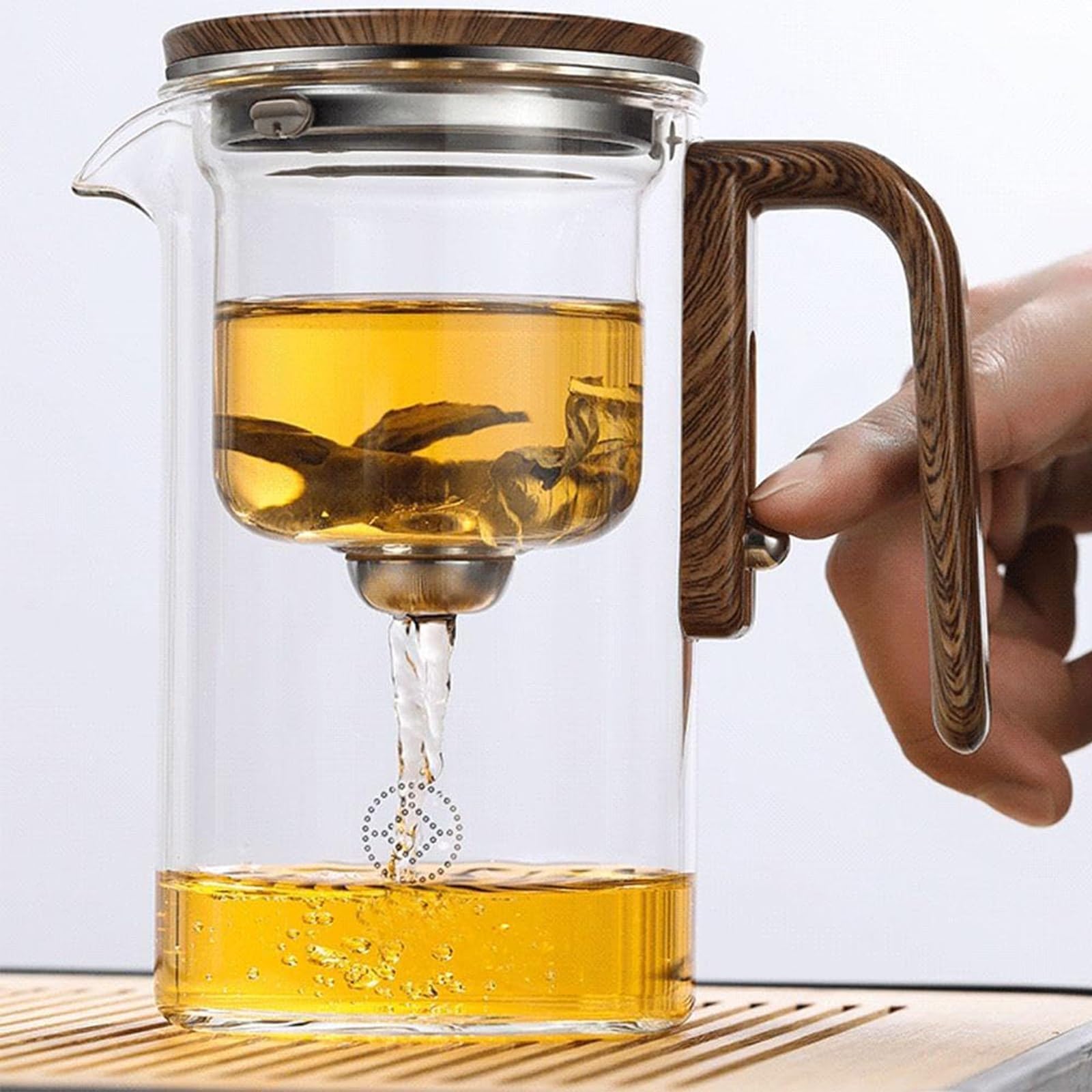 Hexerei-Teekanne, verzauberte Teekanne mit Drucksteuerung, magische Teekanne mit Sieb, 2-in-1-magische Teekanne for losen Tee, Hexenglas-Teekanne, magische Teekanne aus Glas mit Holzgriff(520ml: 15.5*
