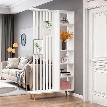Minimalist Modern Chinese Room Divider - Freestanding Entryway Shelf,Privacy Screens Room Partition with Open Storage SpaceWhite+Warm White,80x30x205cm/31.5x11.8x80.7in