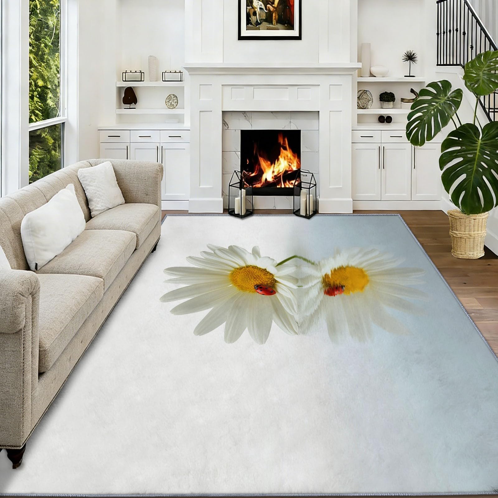 Alfombra de pelo corto lavable 180 x 240 cm Planta Margaritas Escarabajos Alfombra Salón, Fotografía suave antideslizante Moqueta para entrada interior dormitorio cocina habitación infantil