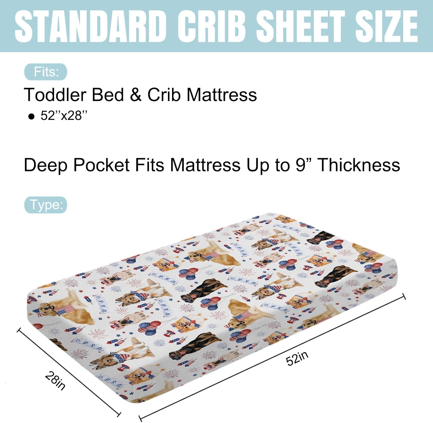 Independence Day Dogs American Flags Baby Crib Sheets 52''x28'' July 4th Dogs Fitted Crib Mattress Sheets for Boy Girl Dogs Lovers Gift Soft Nursery Bed Sheets for Standard Crib Toddler Mattresses