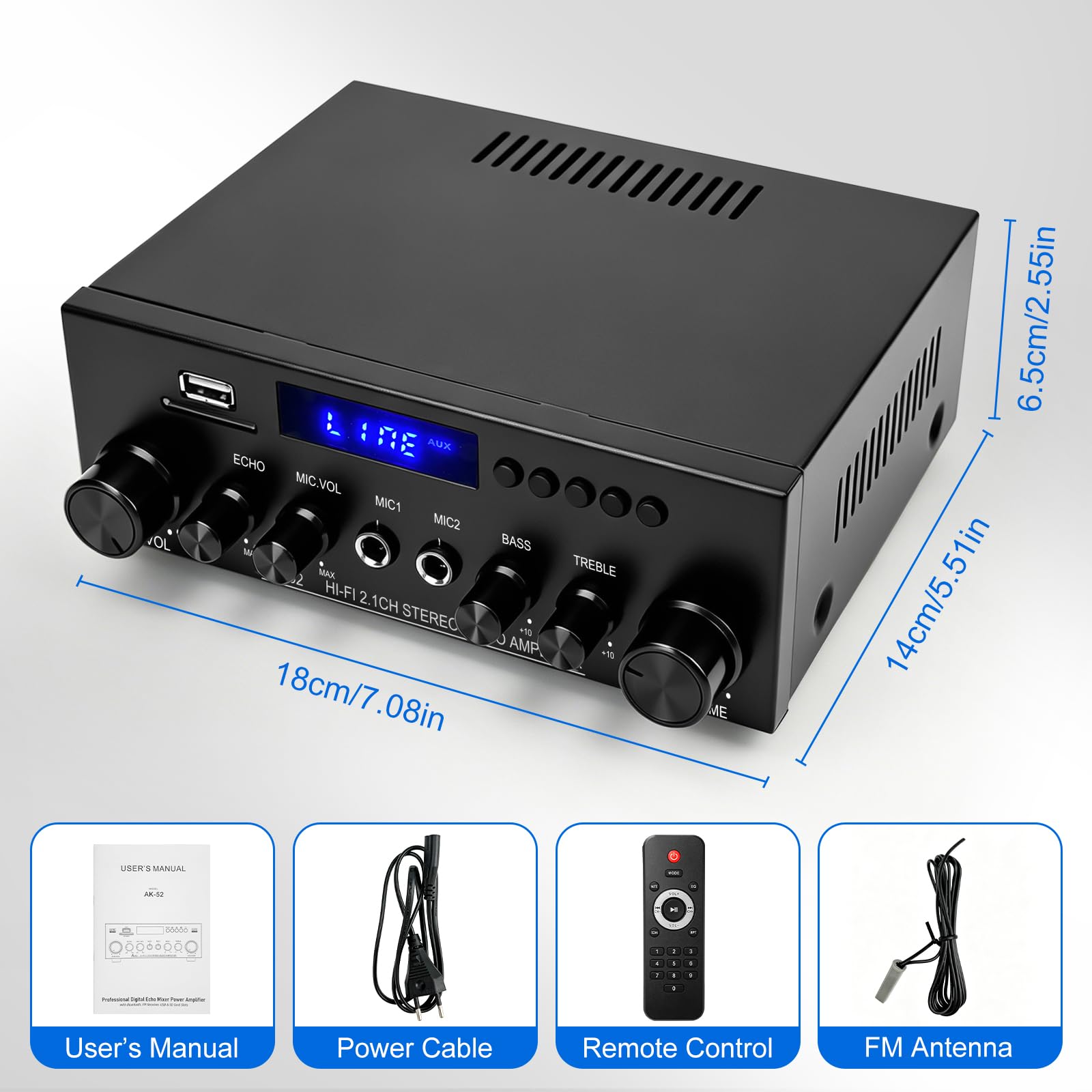 Audio Amplificateur stéréo HiFi 50WX2 Amplificateur Bluetooth 5.3 | écran LCD, alimentation 12 V/220 V - Compatible USB/SD/FM/RCA - Pour la maison, la voiture et le karaoké - Avec tél