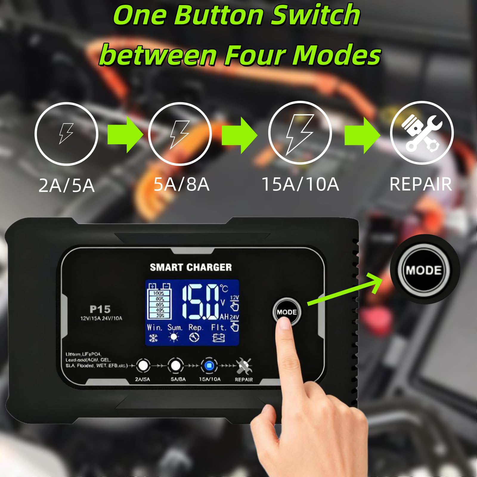 Ładowarka samochodowa P15 12V/24V 15A, inteligentna, podtrzymująca ładowanie, 9-etapowe ładowanie z wyświetlaczem LCD, przełączanie wielu trybów dla akumulatorów kwasowo-ołowiowych AGM litowo-LiFePO4