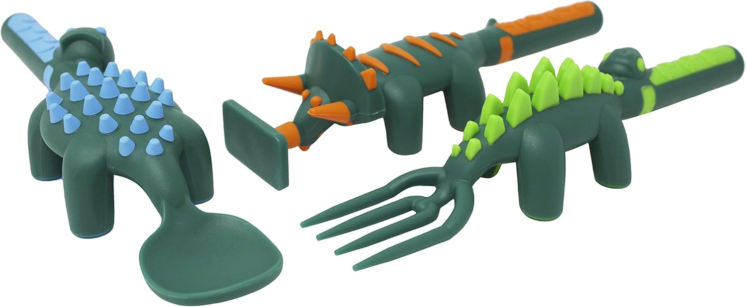Constructive Eating Combo with Set of 3 Dinosaur Utensils, Garden Plate and Placemat for Toddlers, Infants, Babies and Kids - Flatware Set is Made in The USA Using Materials Tested for Safety