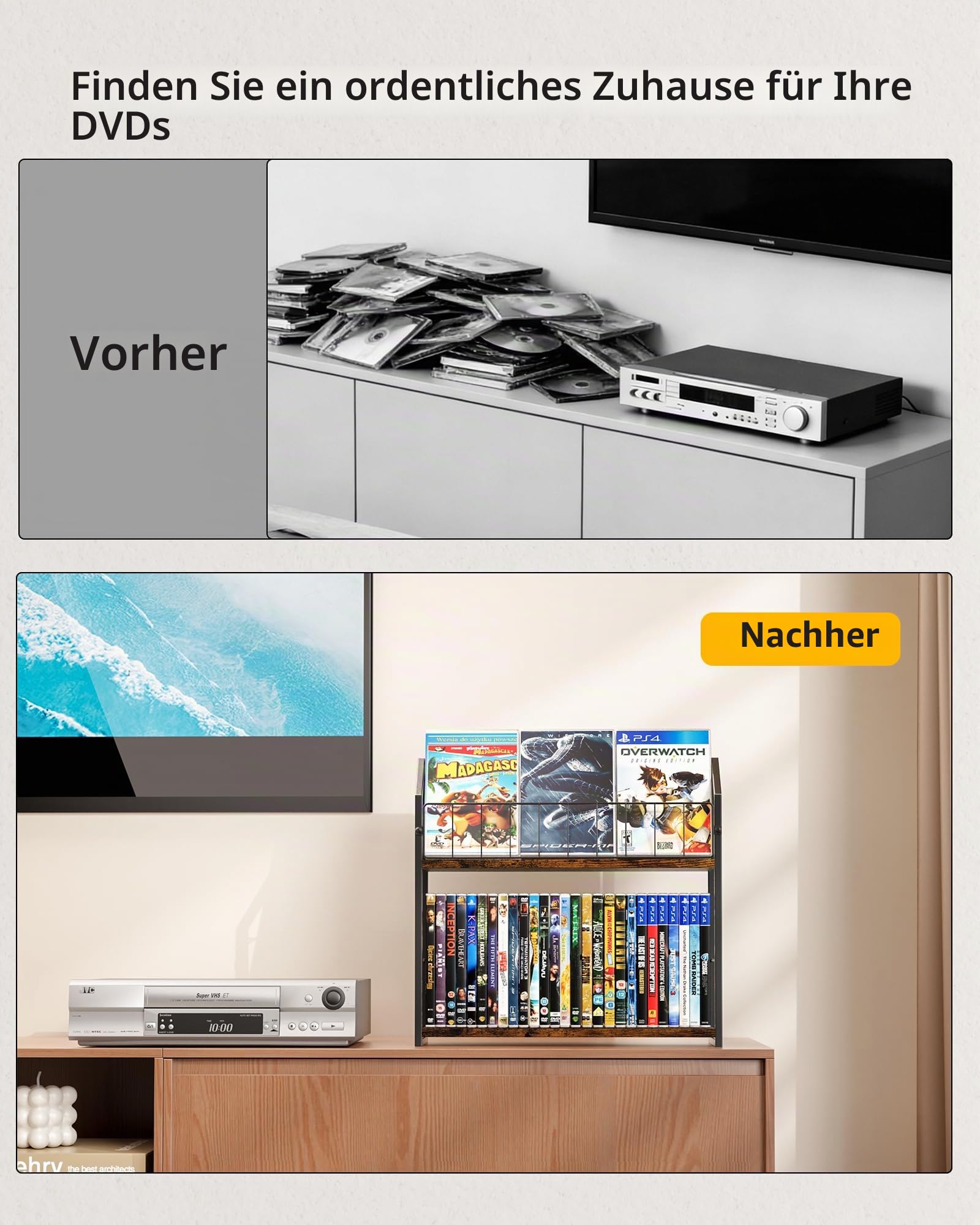 TJ.MOREE 2-stöckiges DVD-Rack mit 56 Ebenen und Schallplattenaufbewahrung, industrieller Retro-Kohlenstoffstahl/Holz, platzsparender Schreibtisch-Organizer