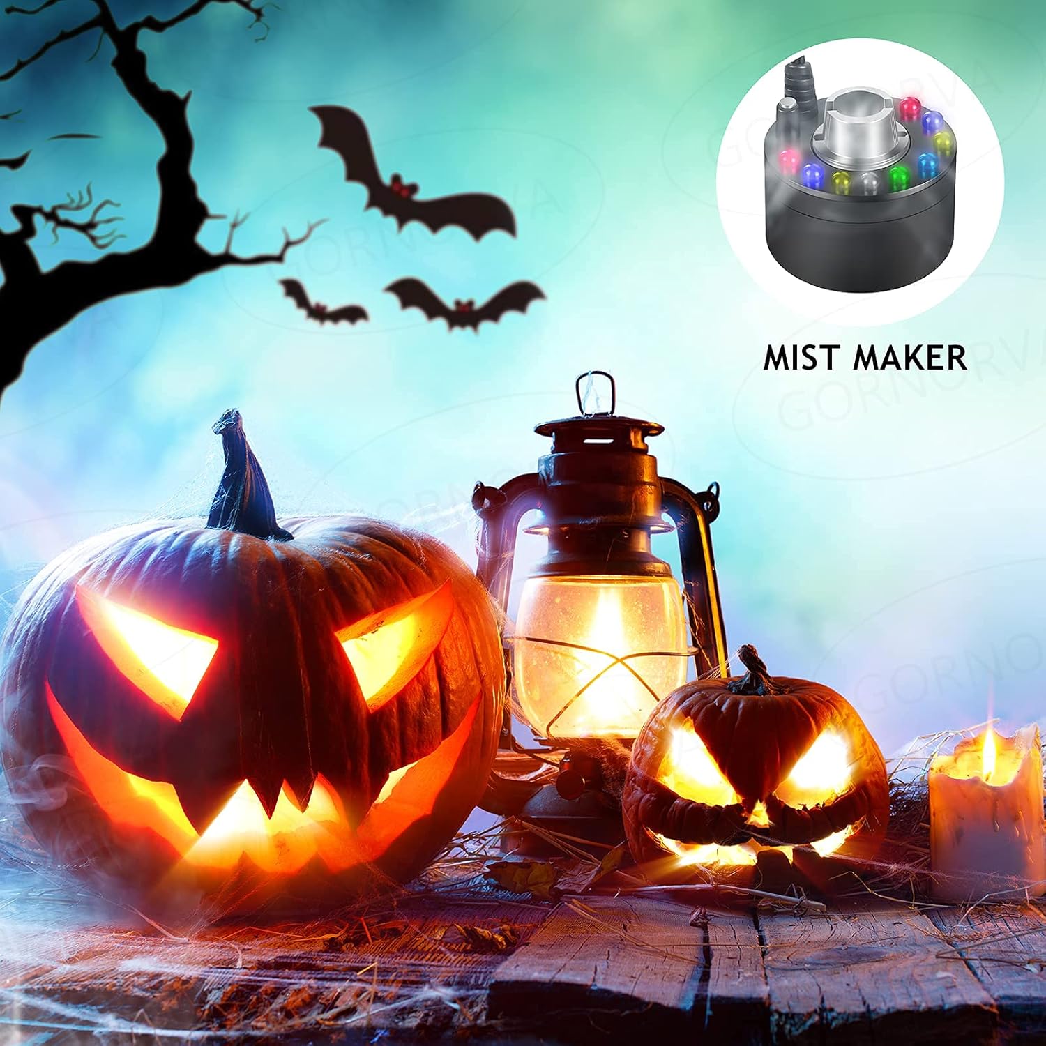 GORNORVA Mist Maker Mini Fog Maker, 12 LED Mister Maker UL Certificated Fog Machine Atomizer Air Humidifier for Water Fountain Pond Rockery Vase Birdbath Halloween Decor(Black) : Home & Kitchen