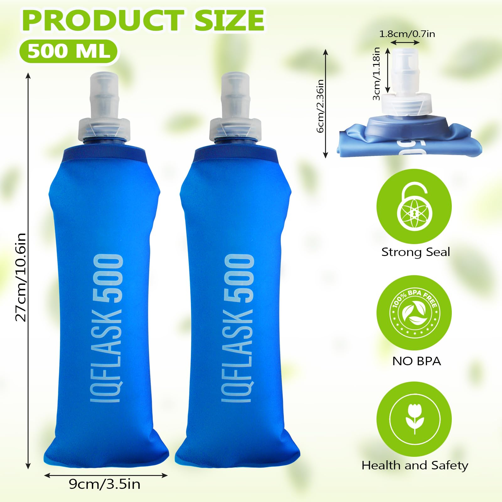 2 Pezzi Borraccia Morbida 500 ml, Soft Flask in TPU, Borraccia Pieghevole, Senza BPA, Bottiglia Pieghevole Riutilizzabile, per Running, Escursionismo, Campeggio e Alpinismo (Blu)