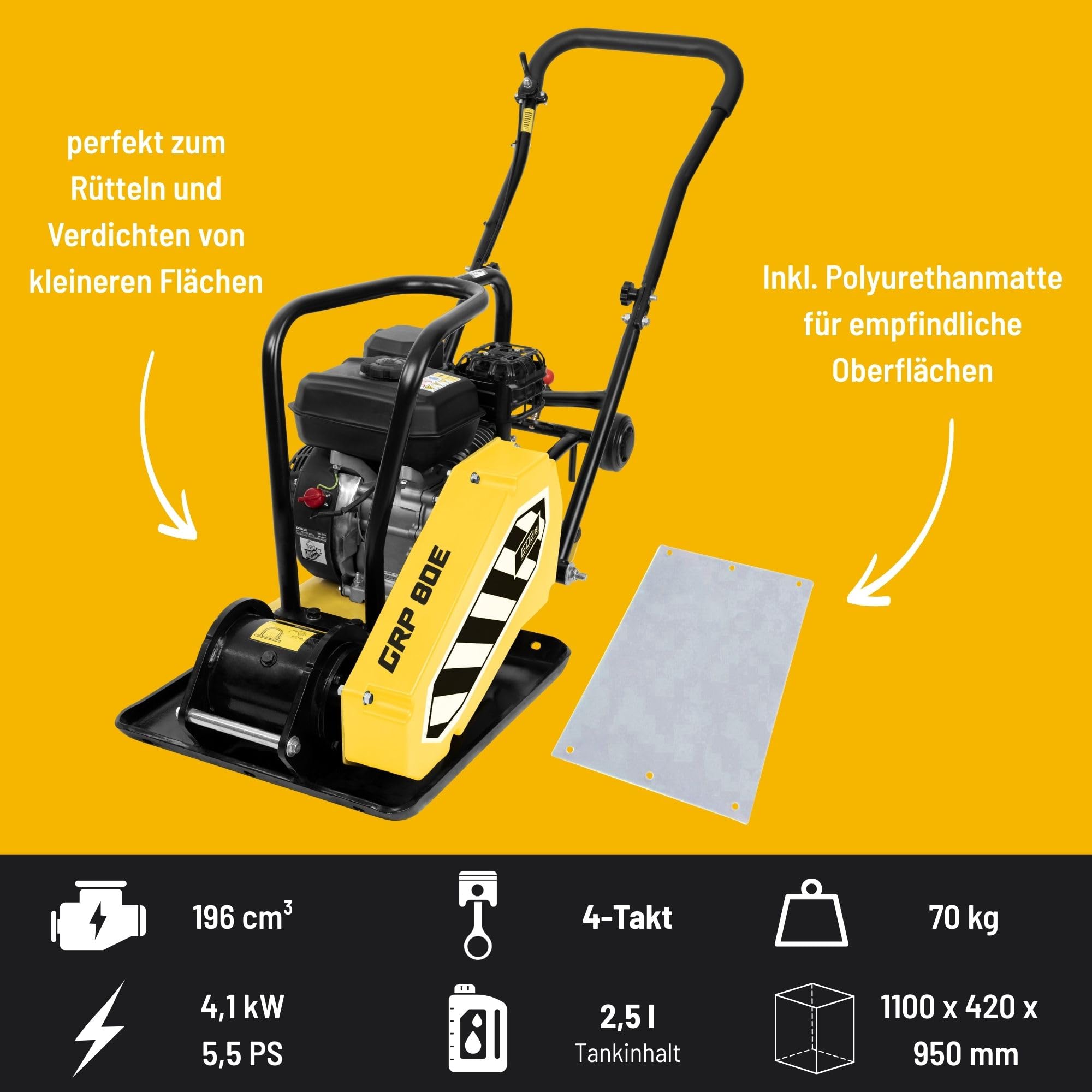 Güde GRP 80E Rüttelplatte - 4-Takt-Motor, 196 Kubikzentimeter Hubraum, 4,1 Kilowatt, 5,5 PS, 42 x 52 Zentimeter Arbeitsplatte, 14 kN Verdichtungsdruck, 20 m/min Vorlauf, Polyurethanmatte, Fahrwerk