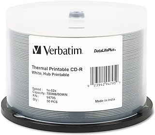 Verbatim 94795 Printable CD-R Discs, 700MB/80min, 52x, Spindle, White, 50/Pack
