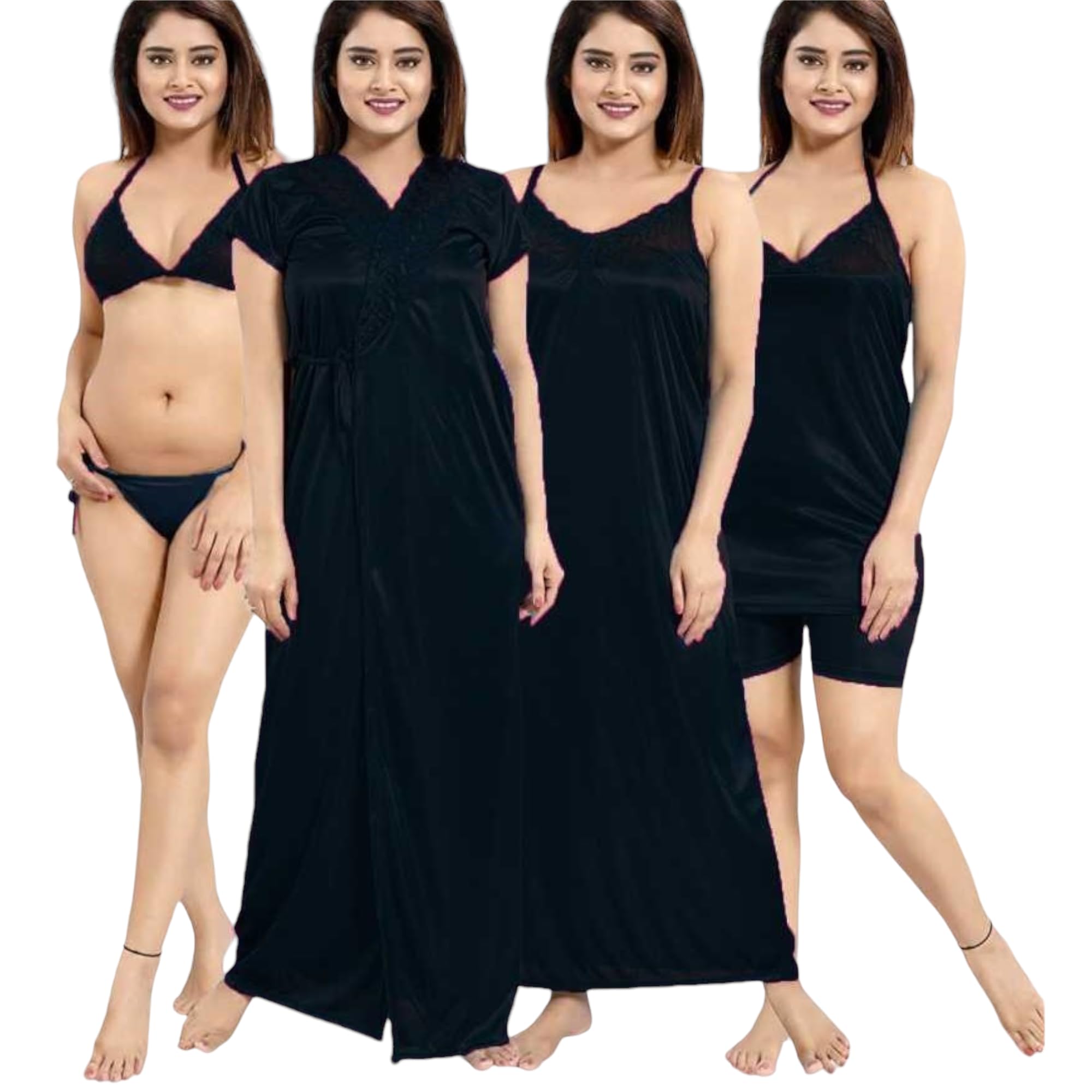 Apparels Solid Satin 6 Piece Nightwear Set (1 Robe, 1 Nighty, 1 Top, 1 Shorts, 1 Lingerie Set) for Women | Comfy & Stylish