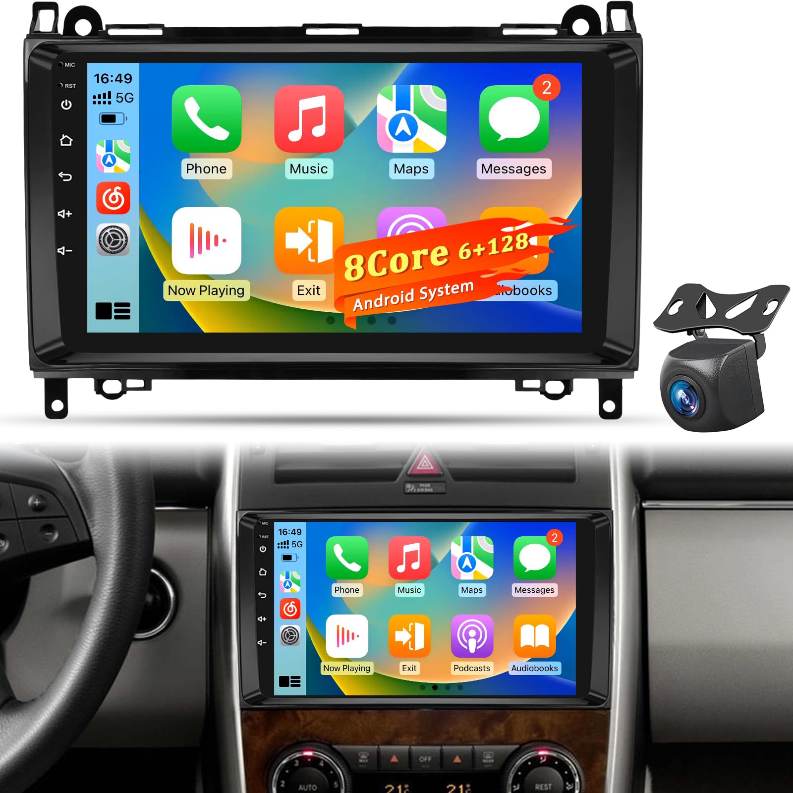 8 núcleos 6+128GB Radio Android con Pantalla táctil para Mercedes Benz A/B/V Clase & Sprinter, Wireless CarPlay Android Auto, GPS WiFi, DSP, Plug & Play Autoradio + Cámara de reversa