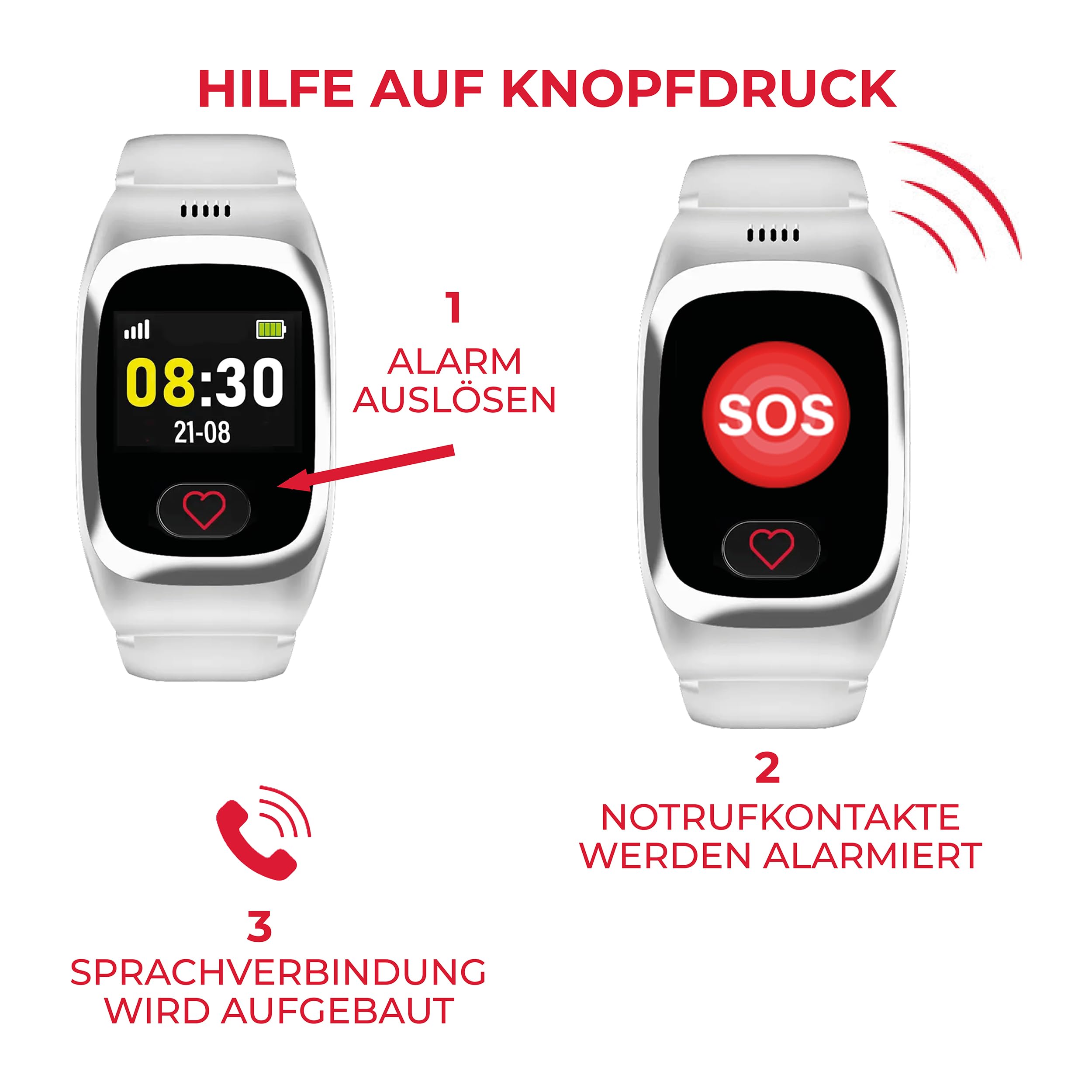 James B8 Notruf- & Sicherheitsuhr für Senioren (Weiss) mit GPS, Sturzerkennung, SOS-Knopf, Pulsmessung & Gesundheitsfunktionen, Familien-App, lauter Alarm, inkl. SIM-Karte & 2 Gratis-Monate Tarif