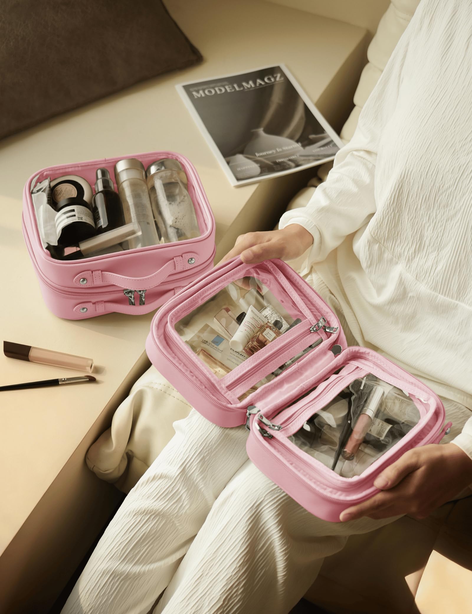 Neceser de viaje transparente de doble capa, bolsa de maquillaje transparente con 4 compartimentos, bolsa de viaje transparente para artículos de tocador, bolsa de aseo grande para mujeres